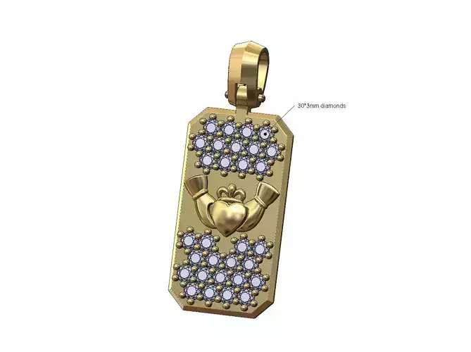 Iced diamond Claddagh heart crown rectangular dogtag pendant