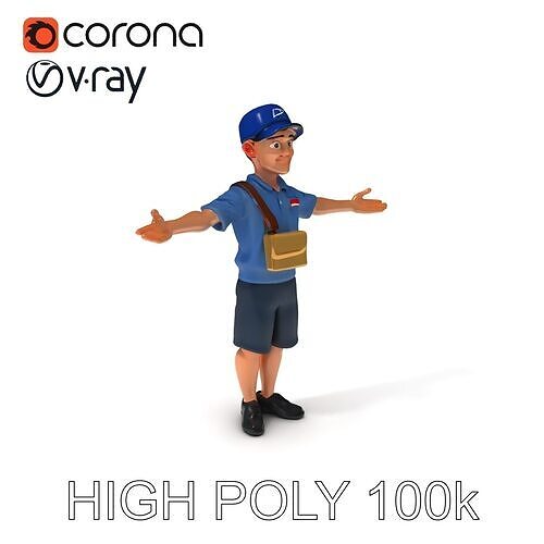 Friendly Young Mail Carrier D Character Model LowPoly MidPoly... Low-poly 3D model