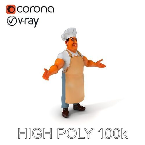 Friendly Chef D Character Model in Apron and Hat Low-poly 3D model