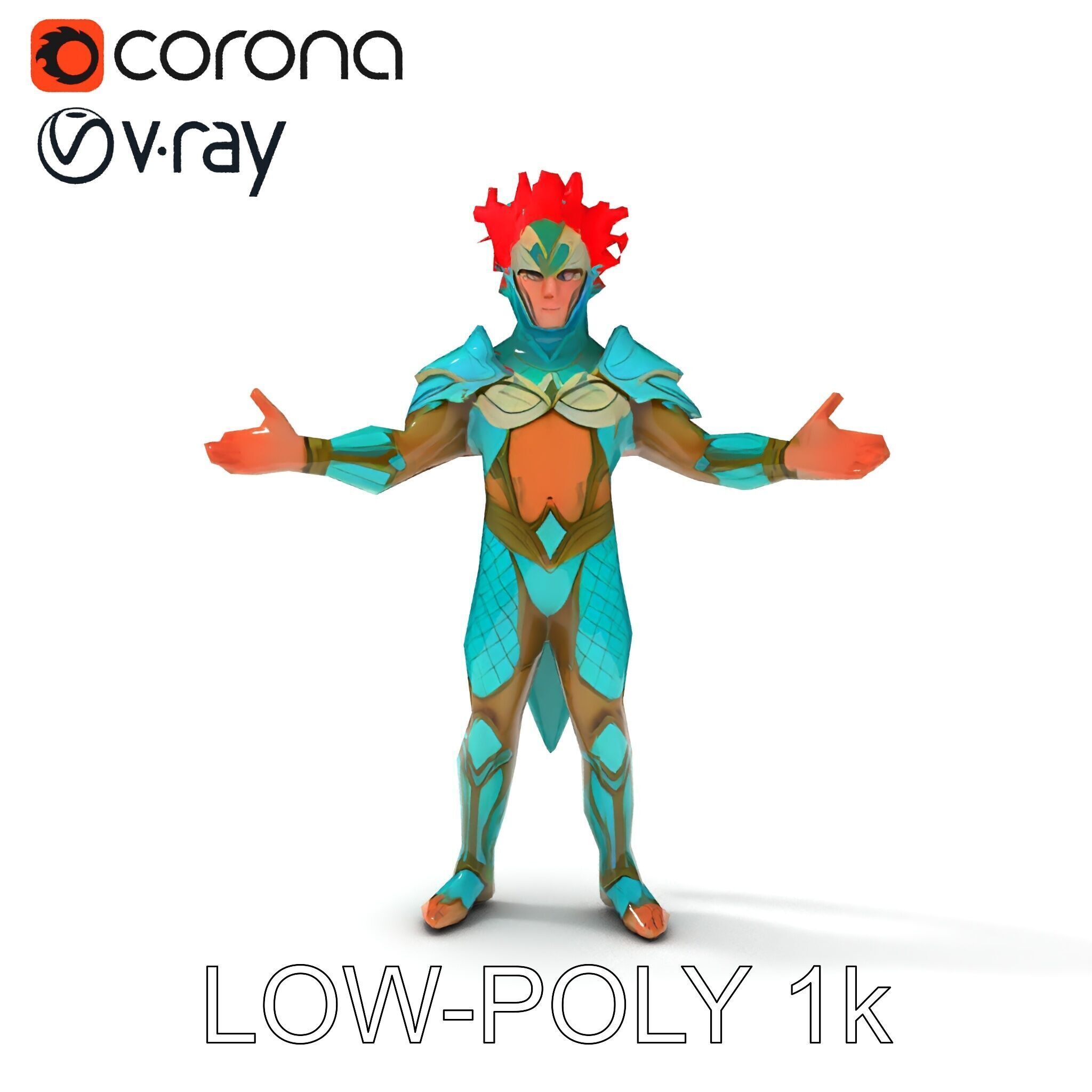 Aquatic Guardian Warrior With Coral Helmet Armor Low-poly 3D model_23