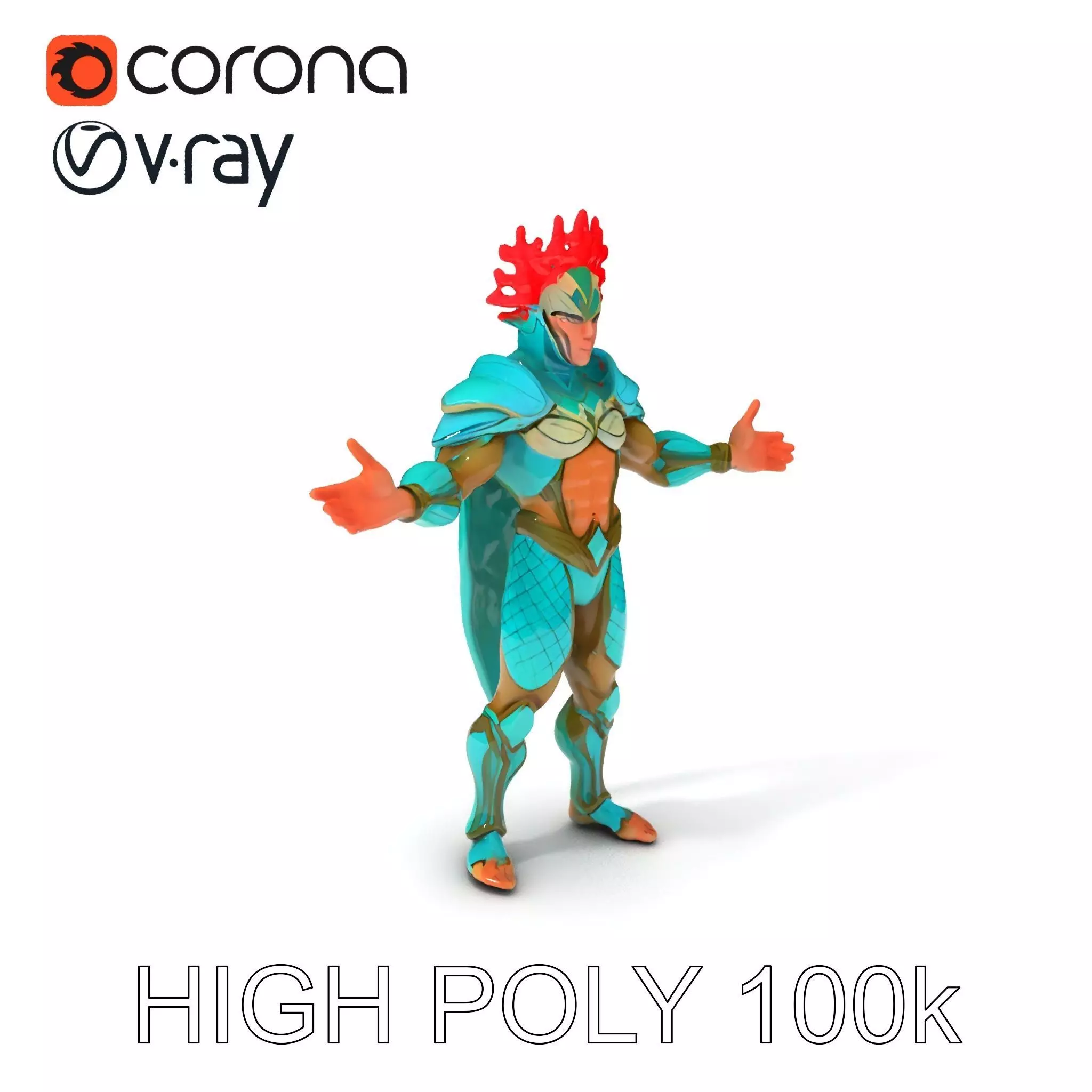 Aquatic Guardian Warrior With Coral Helmet Armor Low-poly 3D model_0