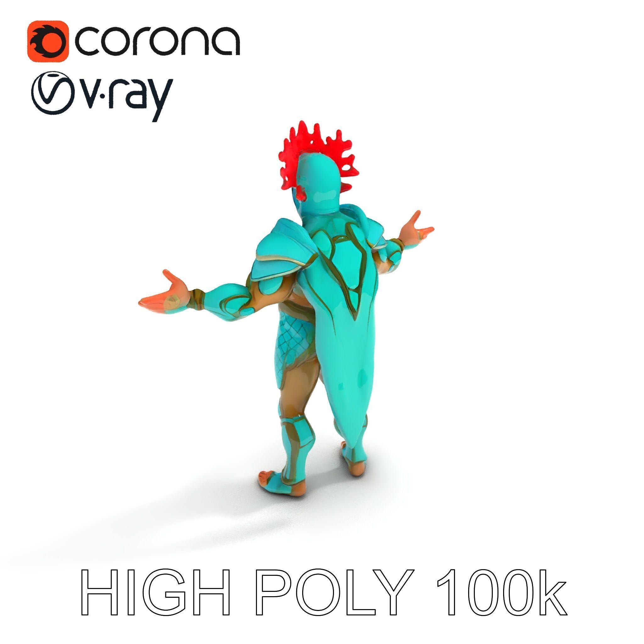 Aquatic Guardian Warrior With Coral Helmet Armor Low-poly 3D model_16