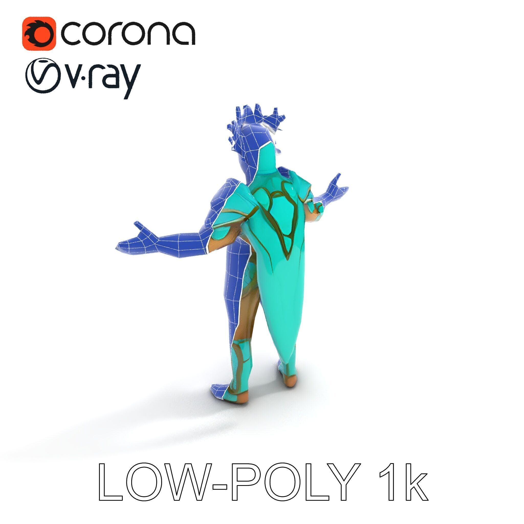 Aquatic Guardian Warrior With Coral Helmet Armor Low-poly 3D model_26