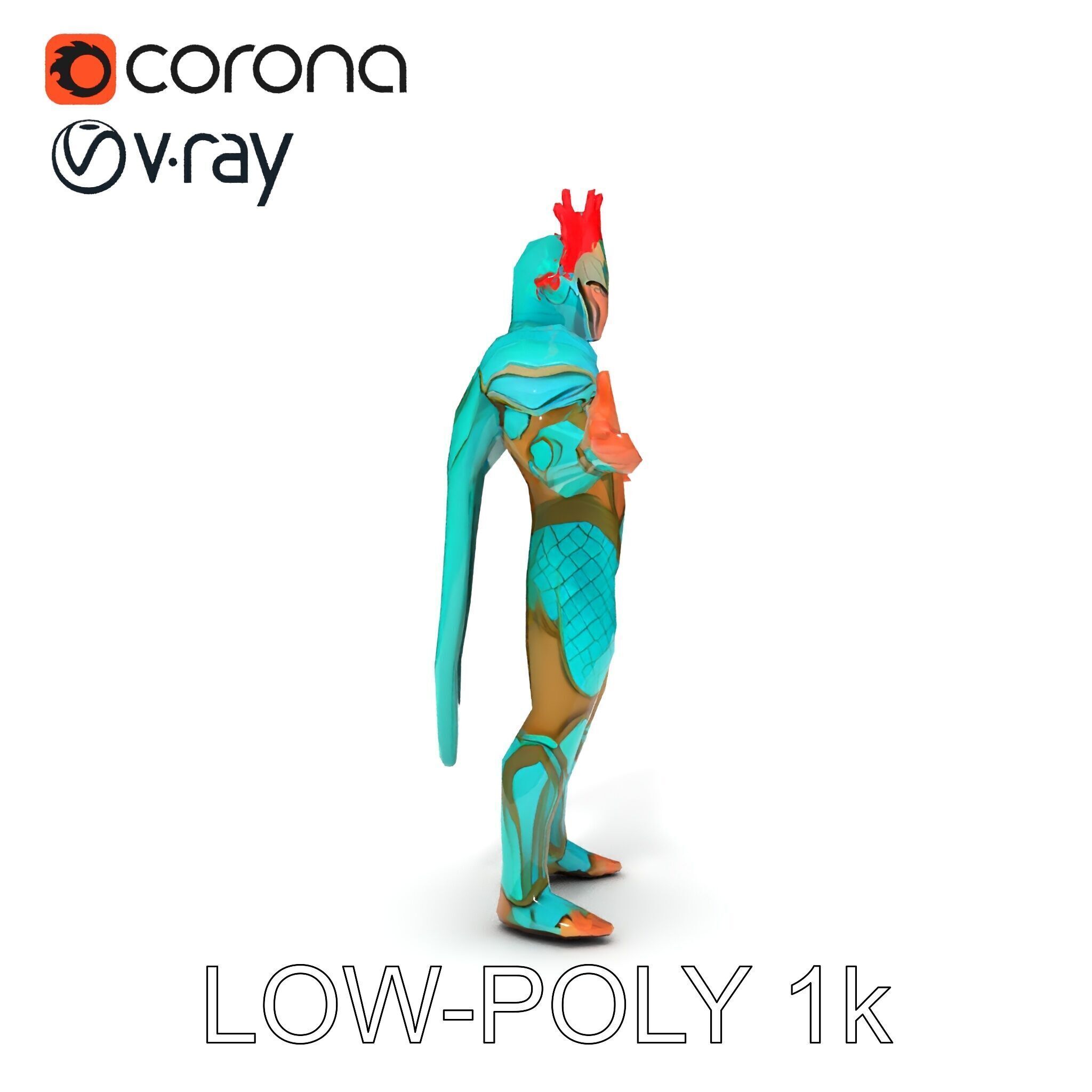 Aquatic Guardian Warrior With Coral Helmet Armor Low-poly 3D model_29