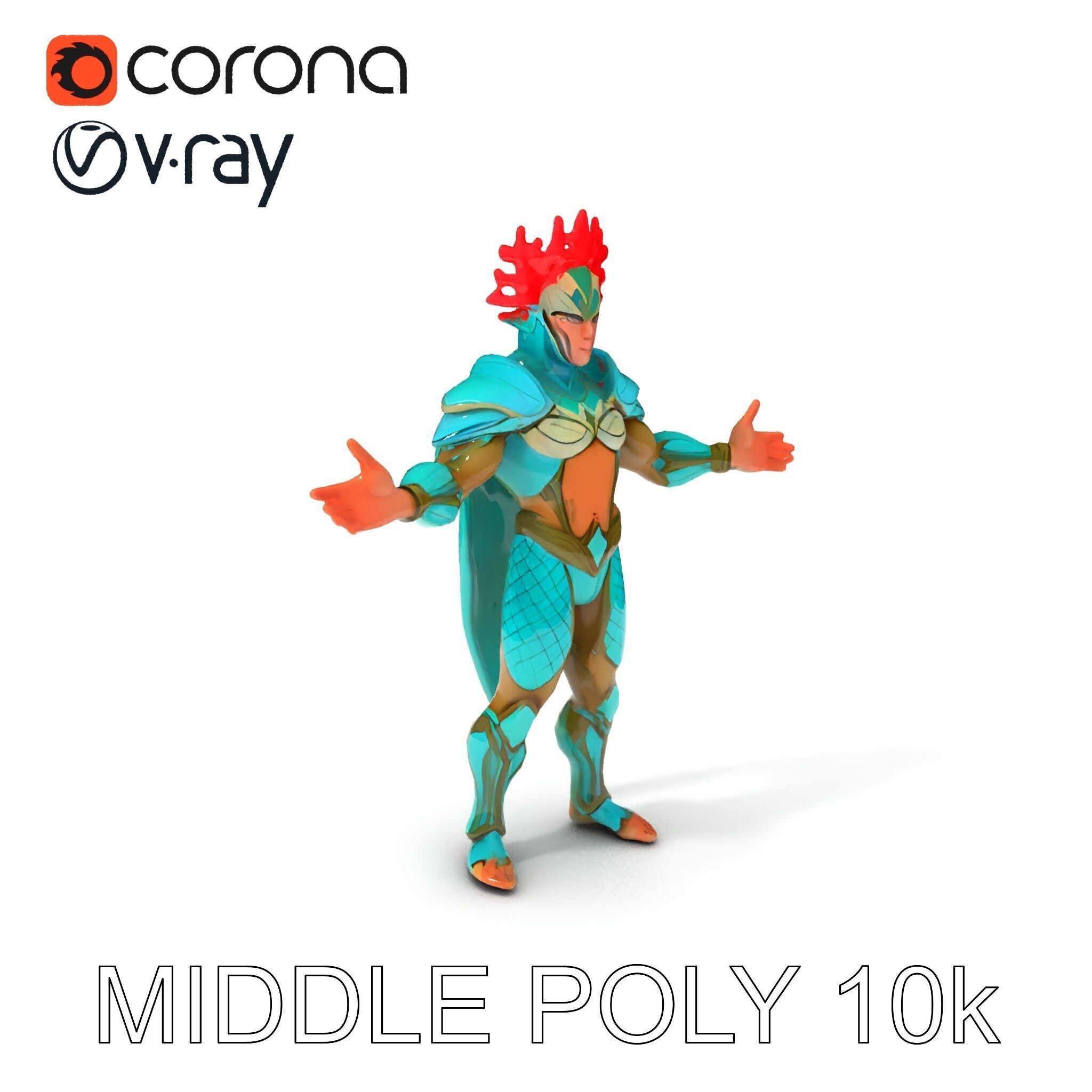 Aquatic Guardian Warrior With Coral Helmet Armor Low-poly 3D model_28