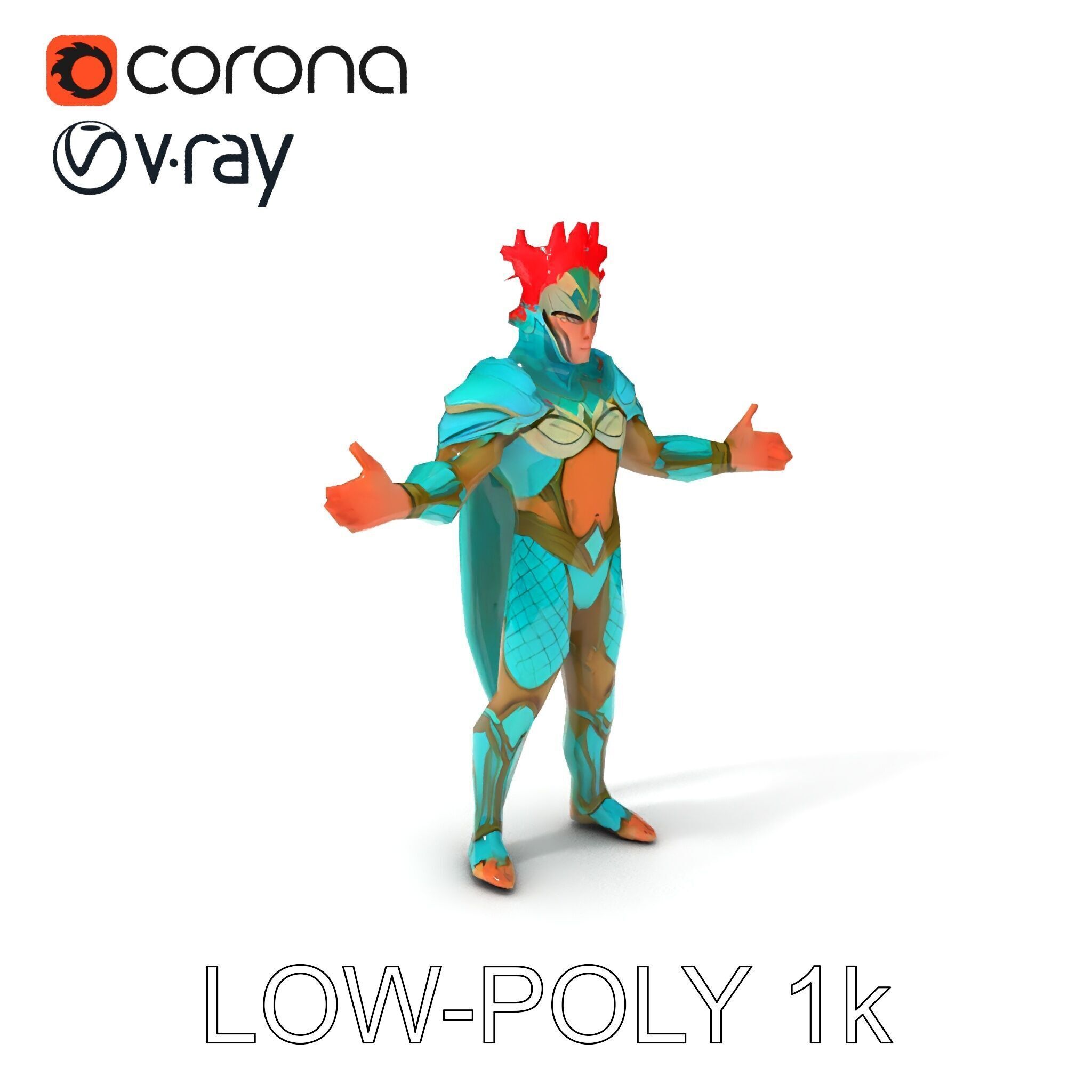 Aquatic Guardian Warrior With Coral Helmet Armor Low-poly 3D model_7