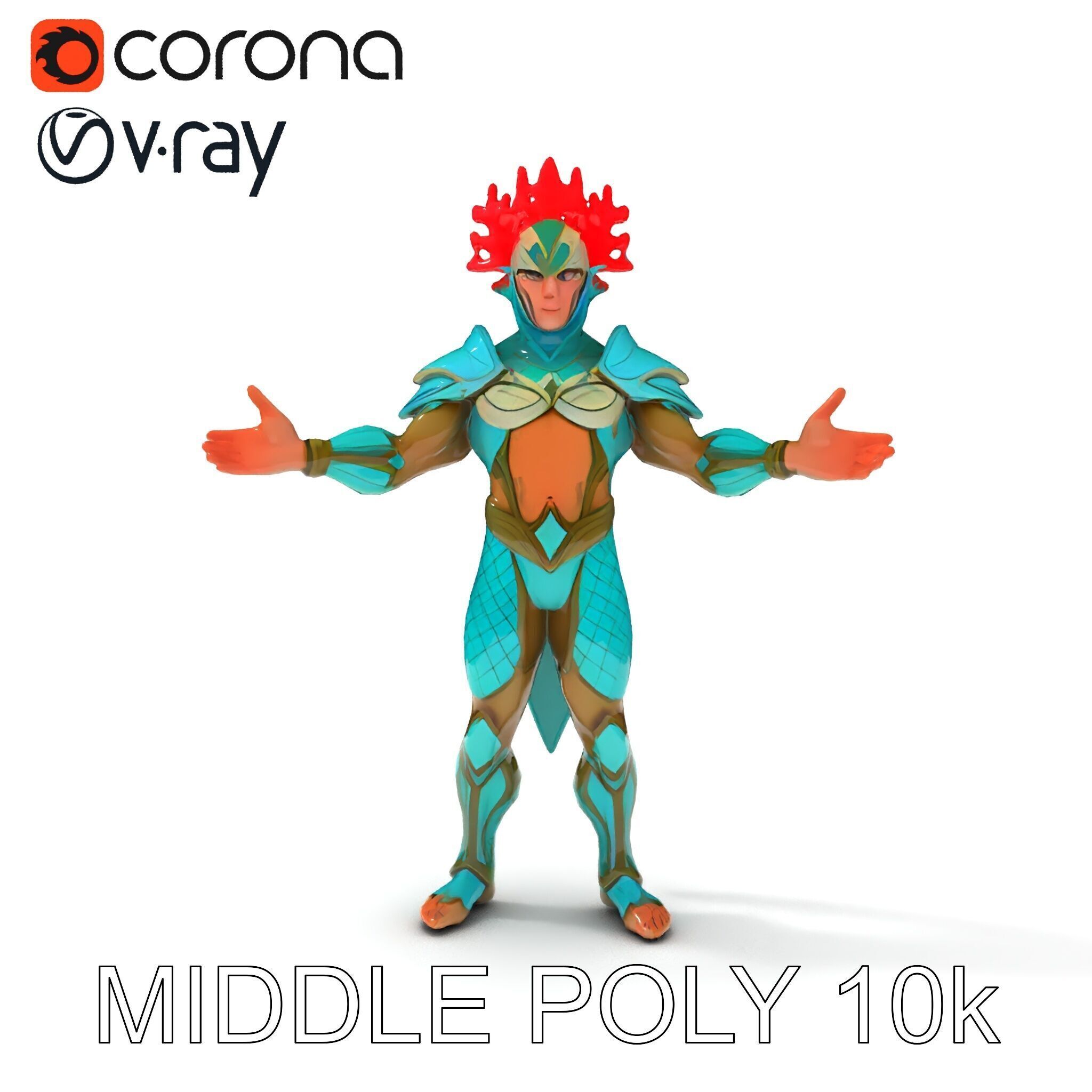 Aquatic Guardian Warrior With Coral Helmet Armor Low-poly 3D model_37