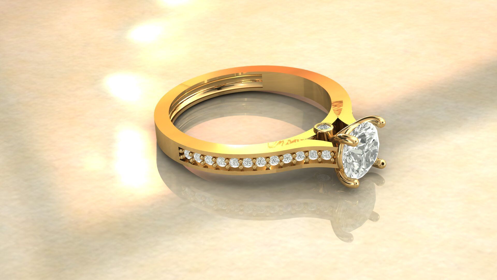 Gold Ring 3D Model with Center Round Diamond 3D print model_20