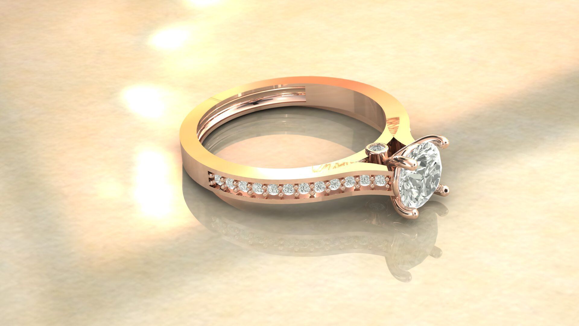 Gold Ring 3D Model with Center Round Diamond 3D print model_24