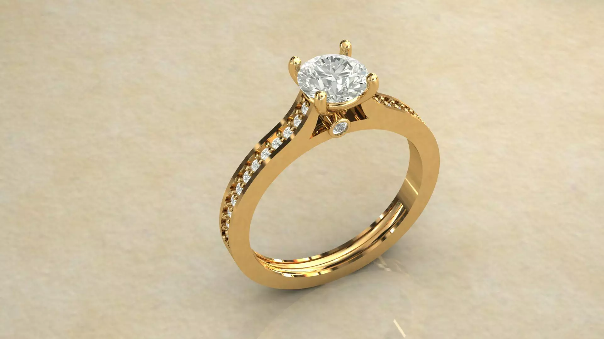 Gold Ring 3D Model with Center Round Diamond 3D print model_0