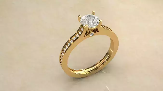 Gold Ring 3D Model with Center Round Diamond