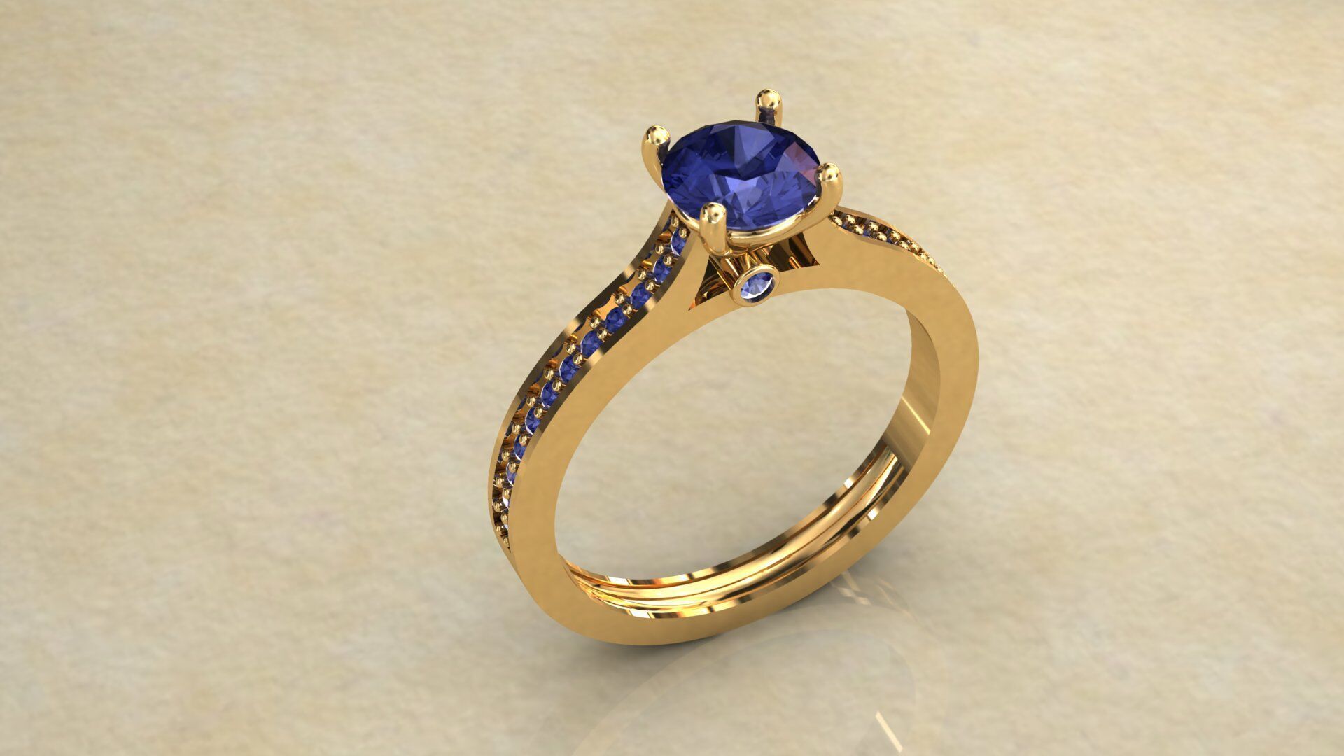 Gold Ring 3D Model with Center Round Diamond 3D print model_3