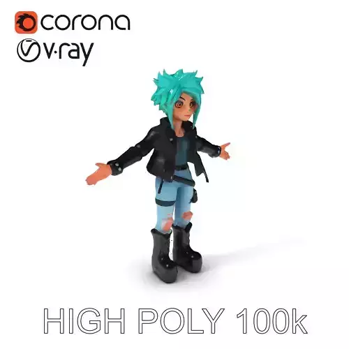 Dynamic Punk Girl D Character Model with Turquoise Hair and Leather Jacket