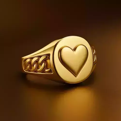 Gold Signet Ring Heart Chain Design Size 7