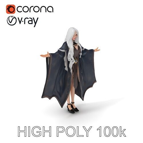 Mystic Sorceress Character Model with Long Silver Hair and El... Low-poly 3D model
