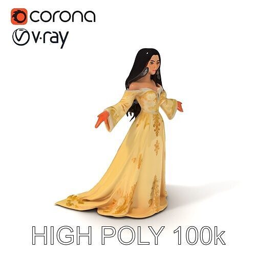 Elegant Fantasy Princess with Ornate Golden Dress D Model Low-poly 3D model