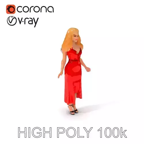 Elegant Evening Gown Character with Blonde Hair and Red Dress Low-poly 3D model