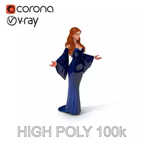 Elegant Female Character in Blue Gown  Detailed D Model Low-poly 3D model