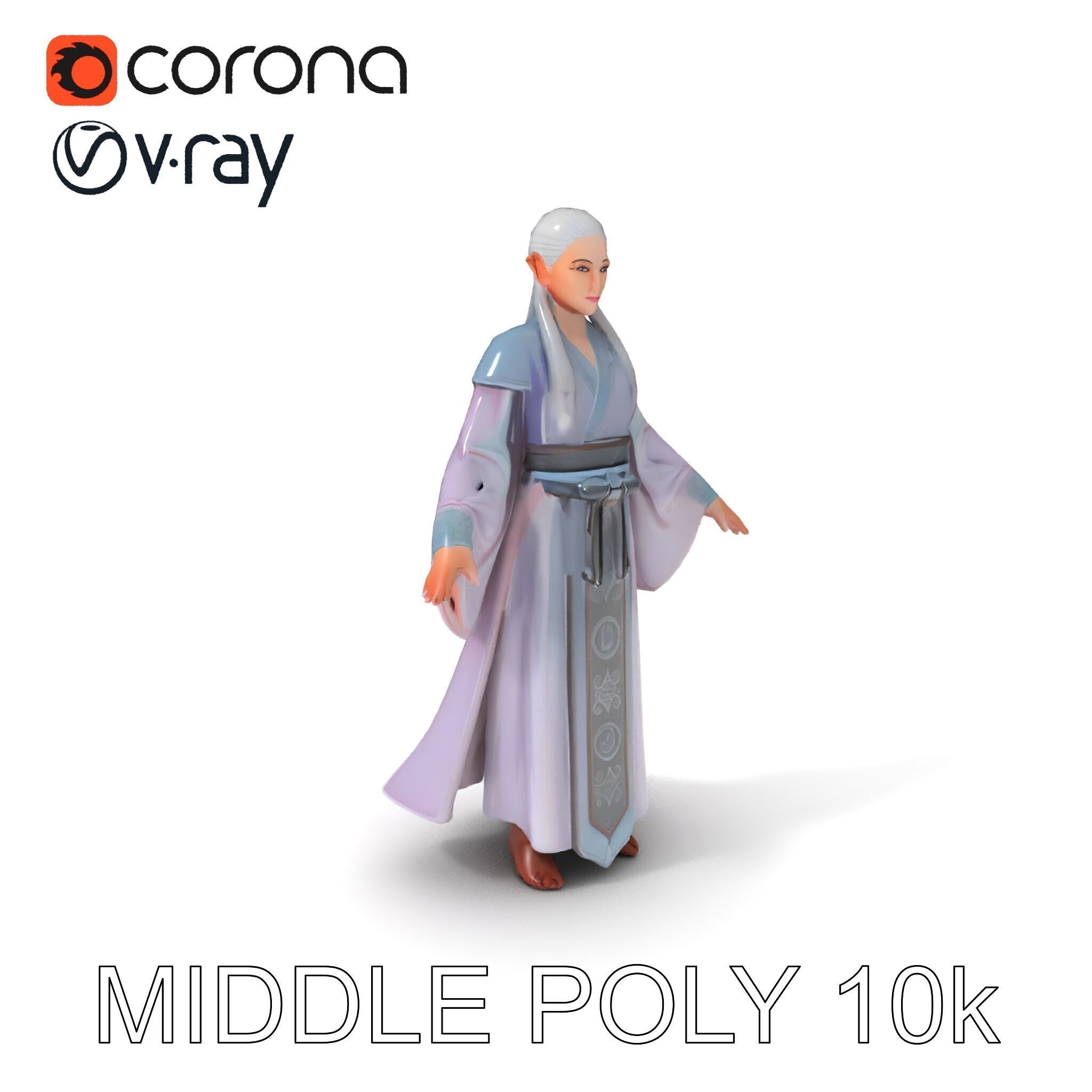Elegant Sorceress D Character Model with Flowing Robes Low-poly 3D model_6