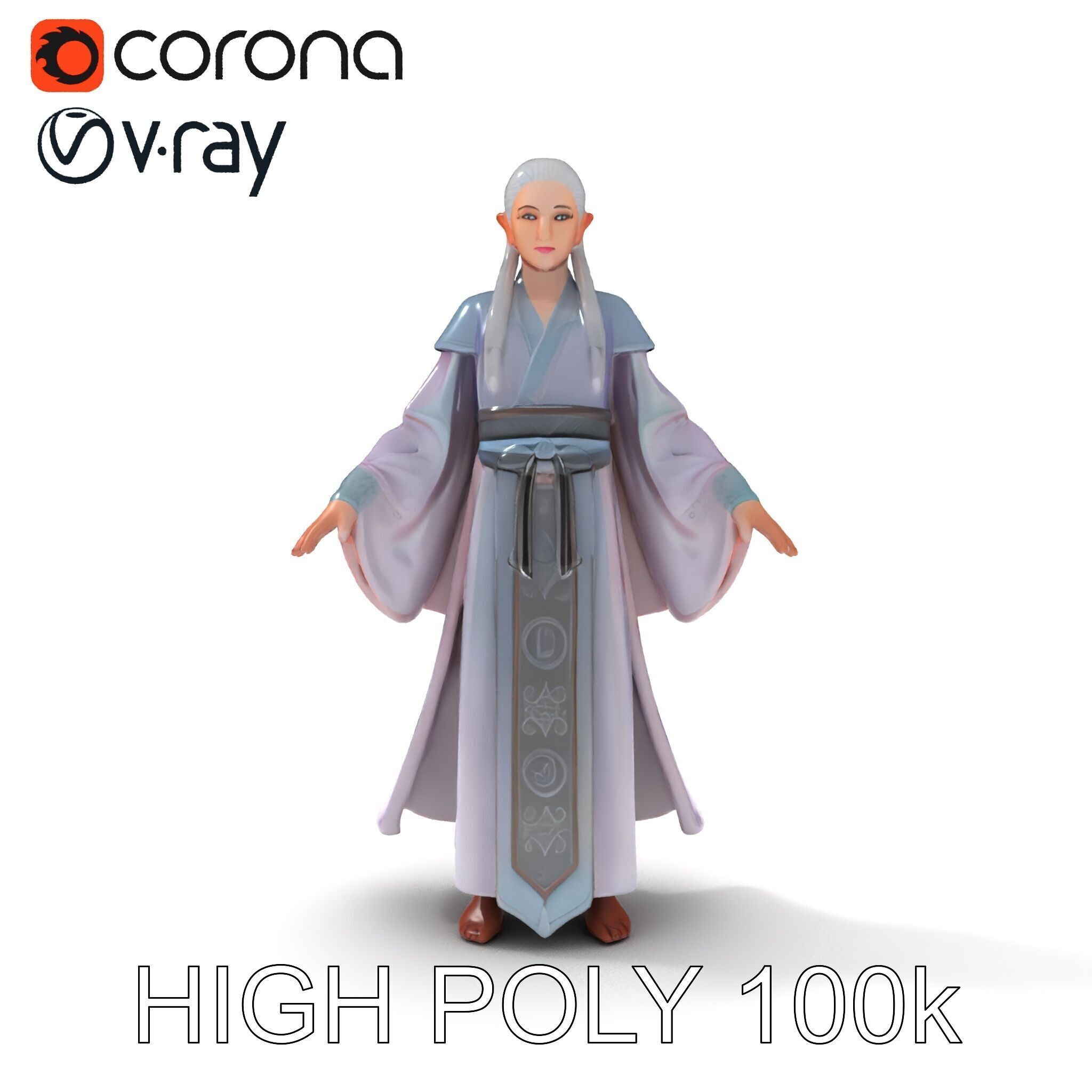 Elegant Sorceress D Character Model with Flowing Robes Low-poly 3D model_32