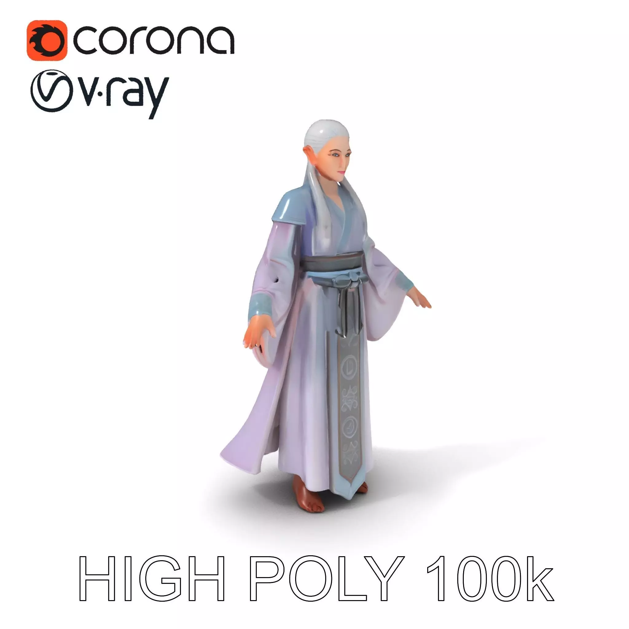 Elegant Sorceress D Character Model with Flowing Robes Low-poly 3D model_0