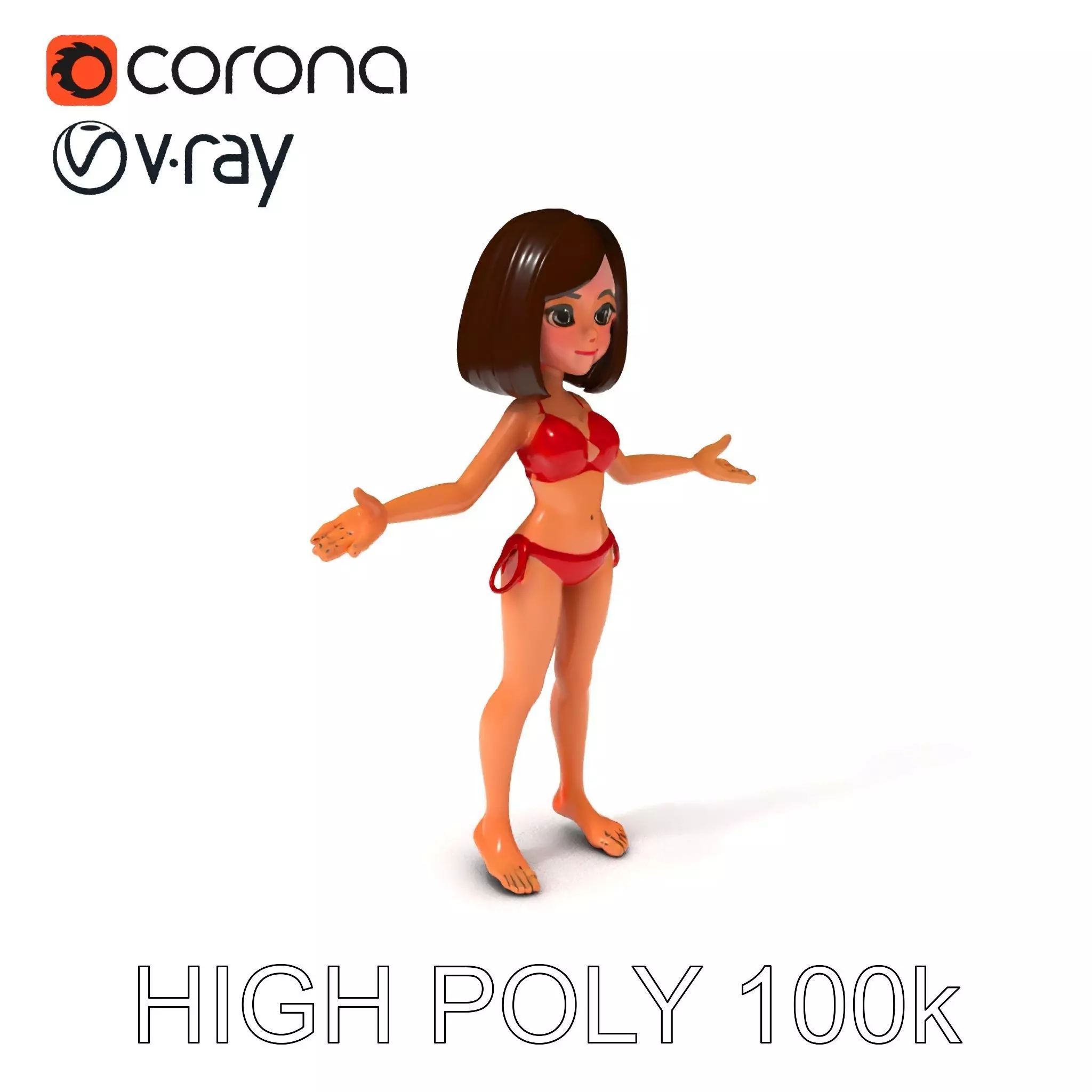 Stylized D Female Character in Red Bikini with PBR Textures Low-poly 3D model_0
