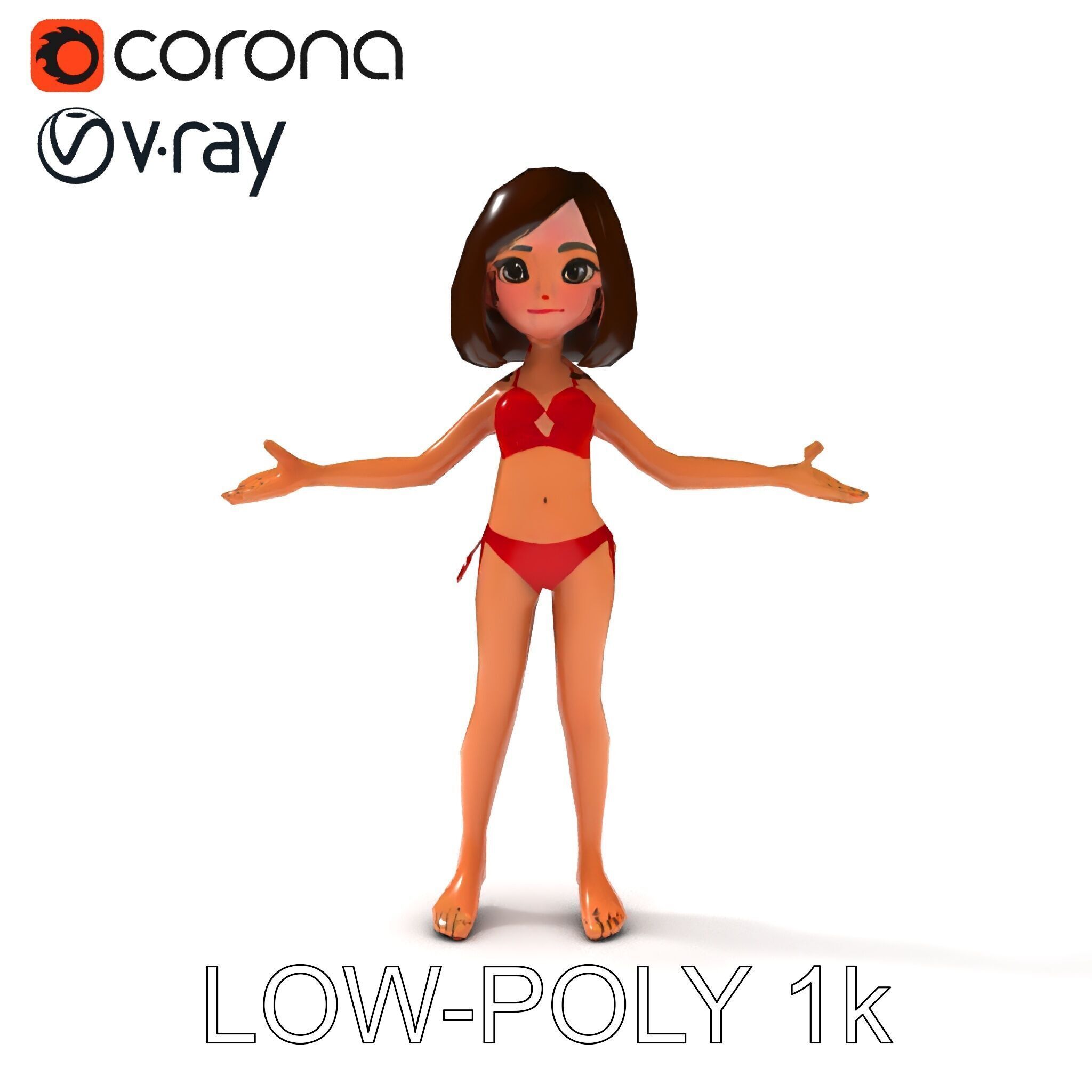 Stylized D Female Character in Red Bikini with PBR Textures Low-poly 3D model_12