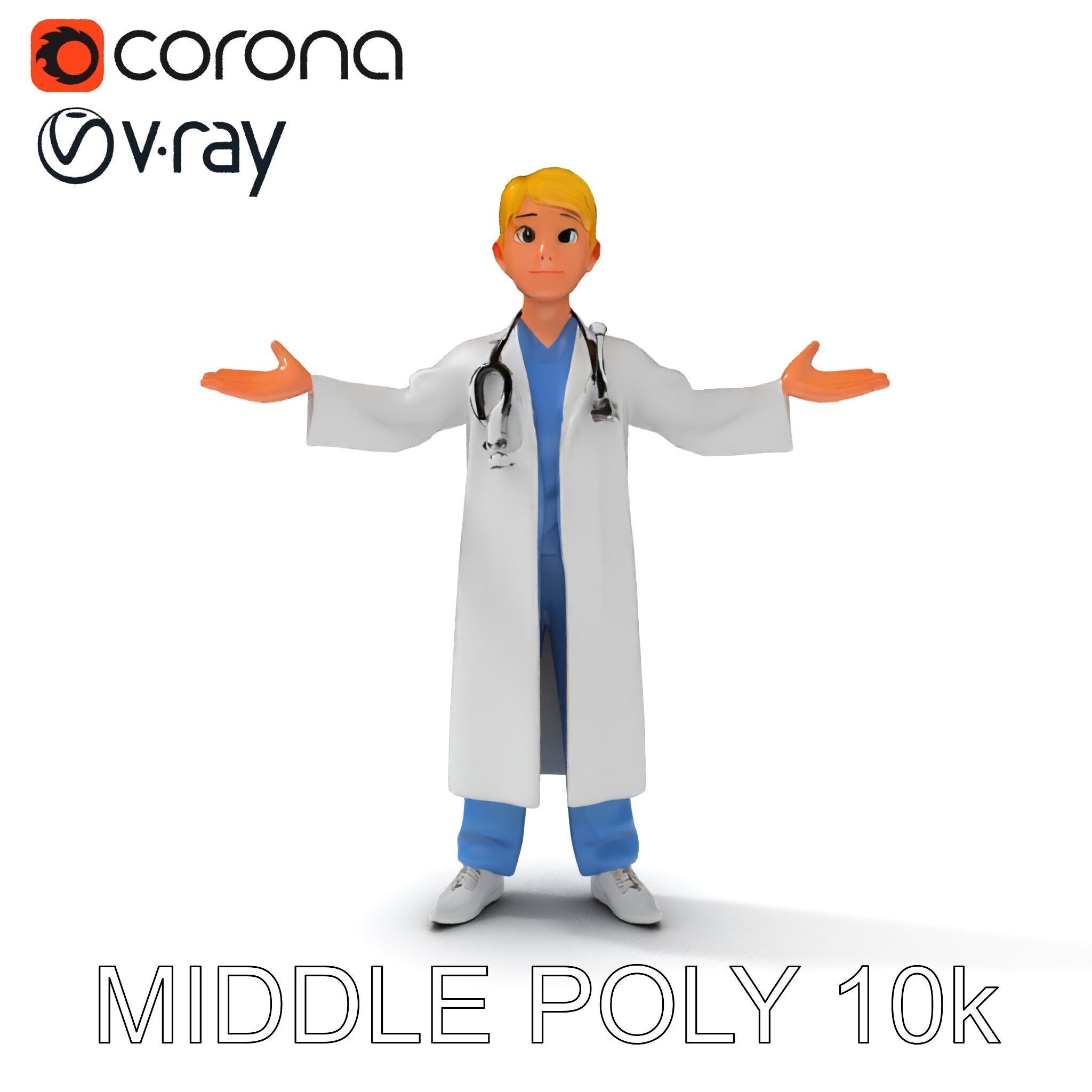 Stylized Young Doctor D Model in White Coat with Stethoscope Low-poly 3D model_19