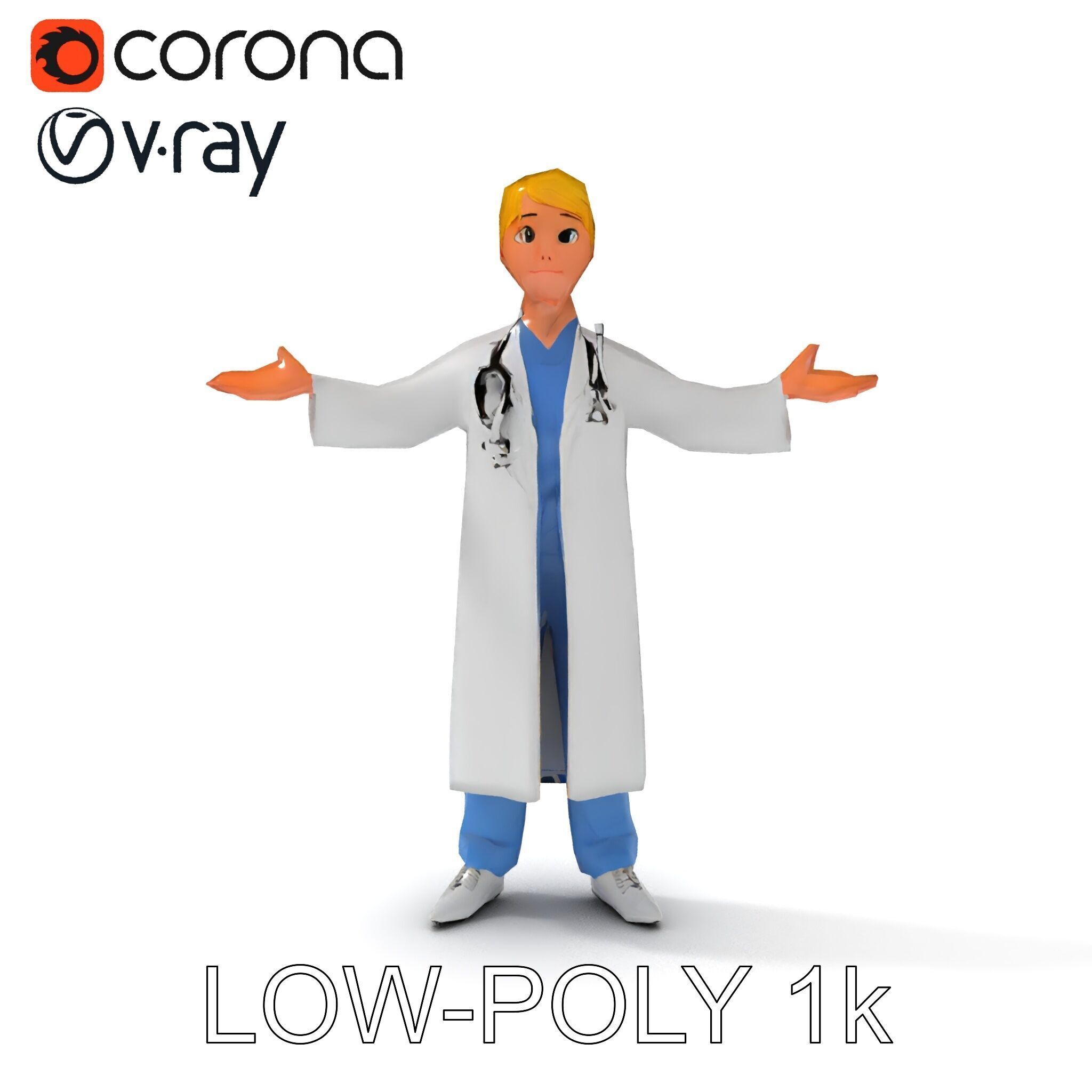 Stylized Young Doctor D Model in White Coat with Stethoscope Low-poly 3D model_9