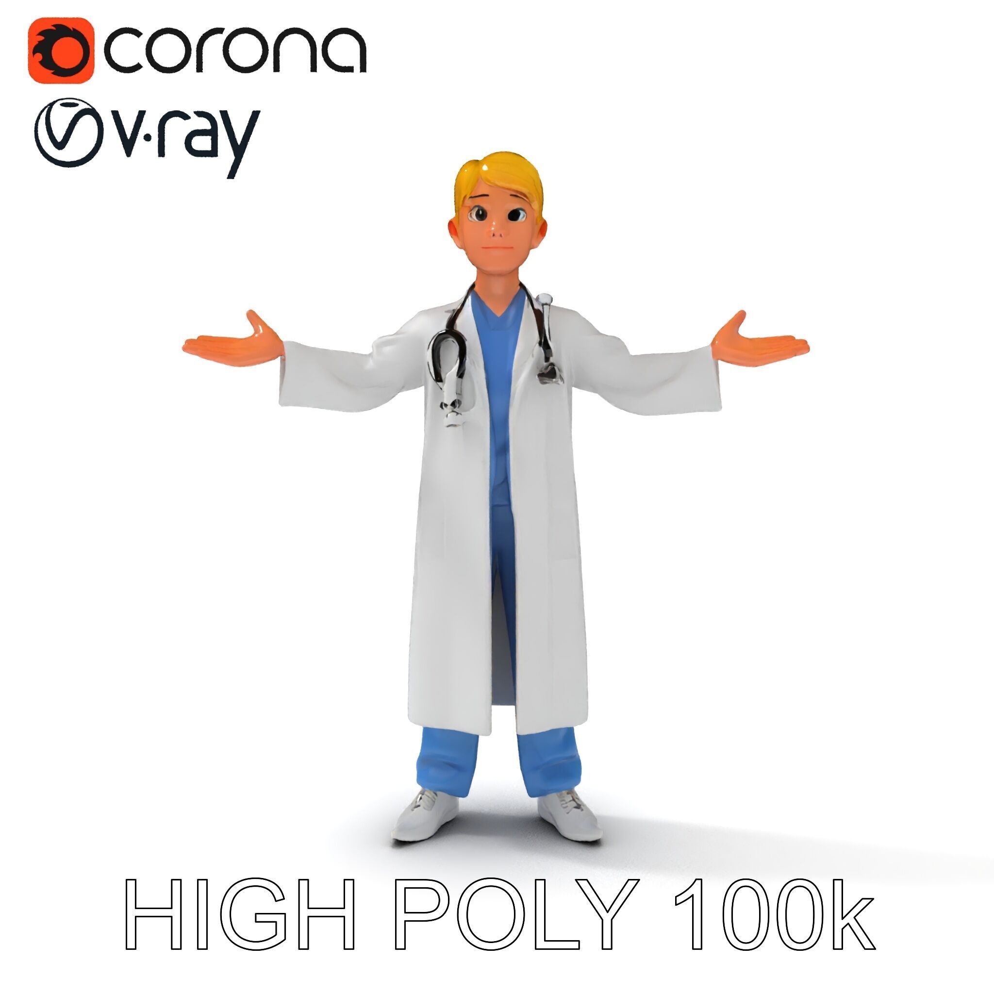 Stylized Young Doctor D Model in White Coat with Stethoscope Low-poly 3D model_16