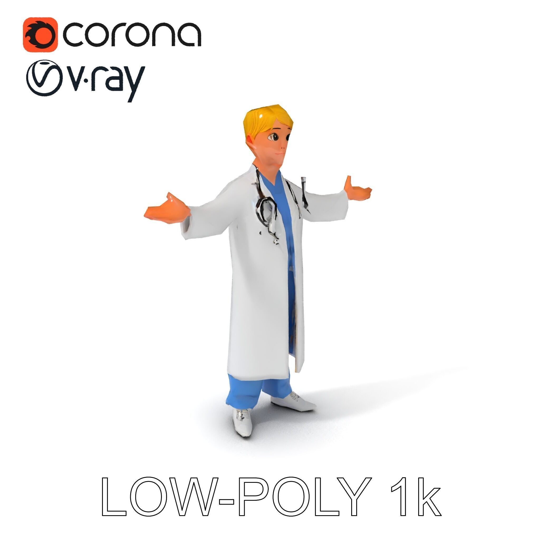 Stylized Young Doctor D Model in White Coat with Stethoscope Low-poly 3D model_29