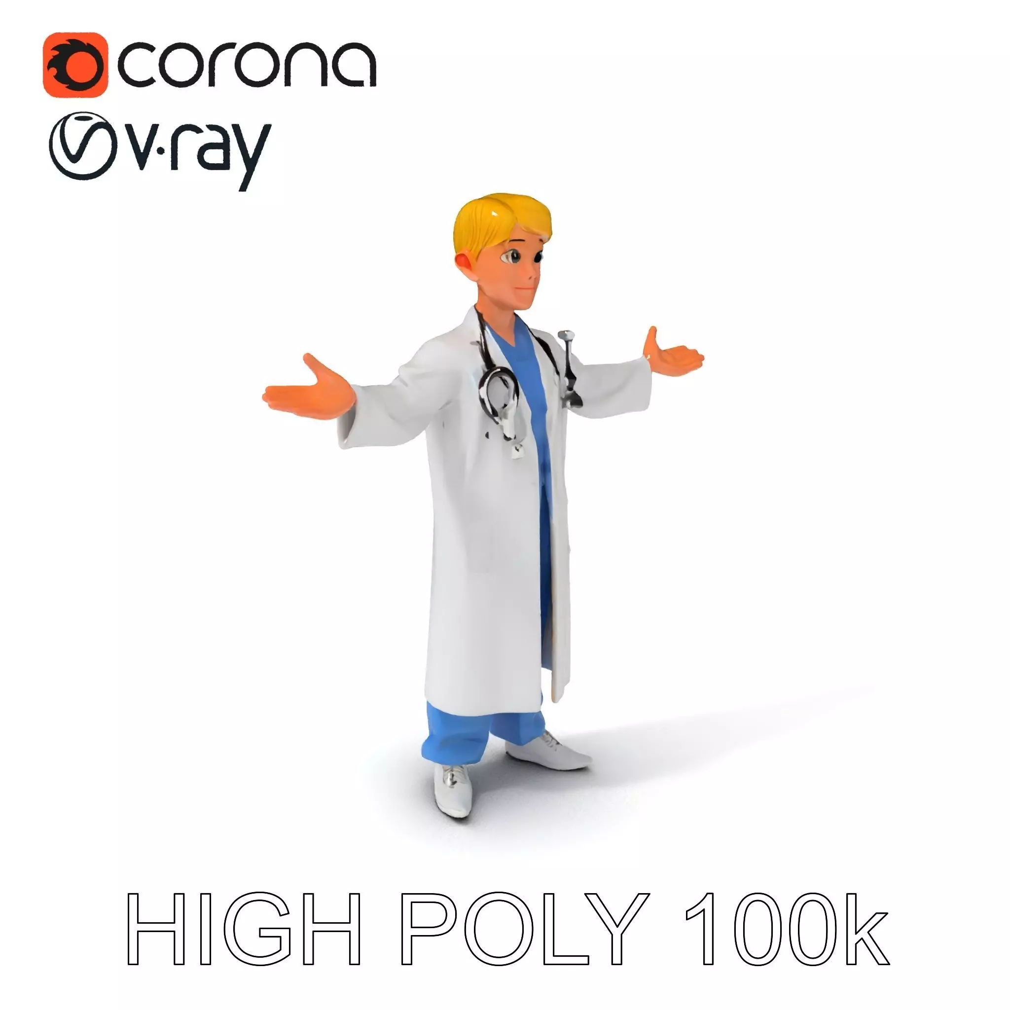 Stylized Young Doctor D Model in White Coat with Stethoscope Low-poly 3D model_0