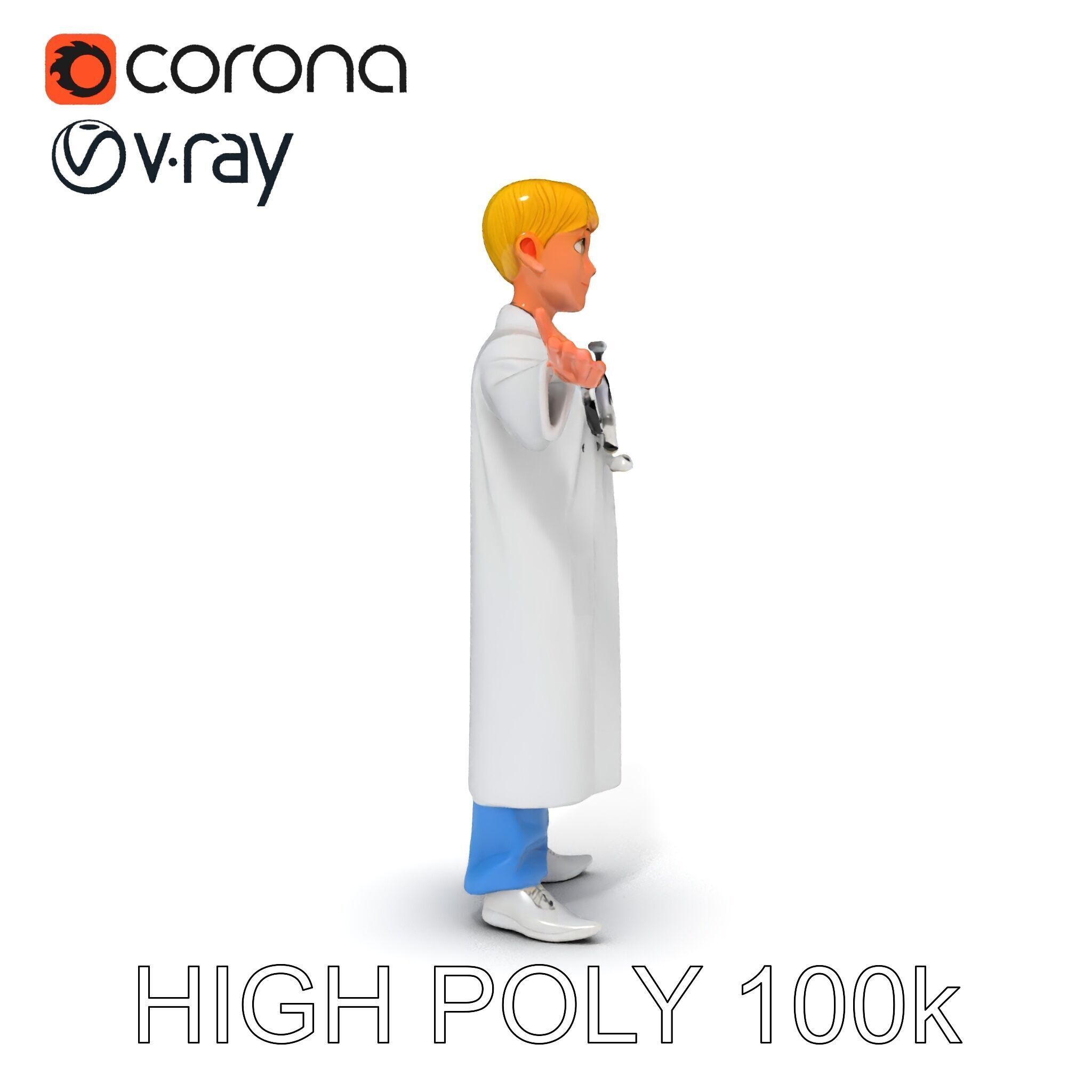 Stylized Young Doctor D Model in White Coat with Stethoscope Low-poly 3D model_10