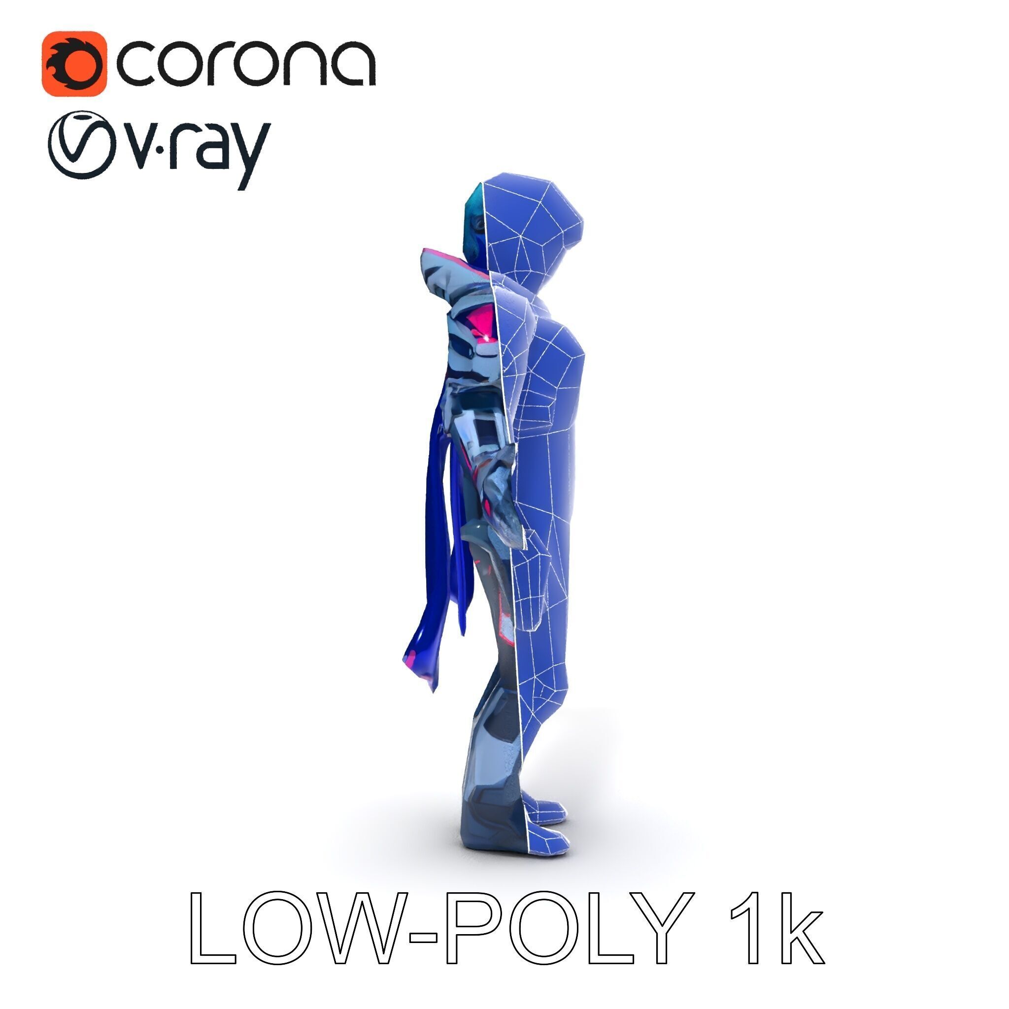 Cyber Knight Ultra HighTech Armor with Blue Cape and Visor Low-poly 3D model_29