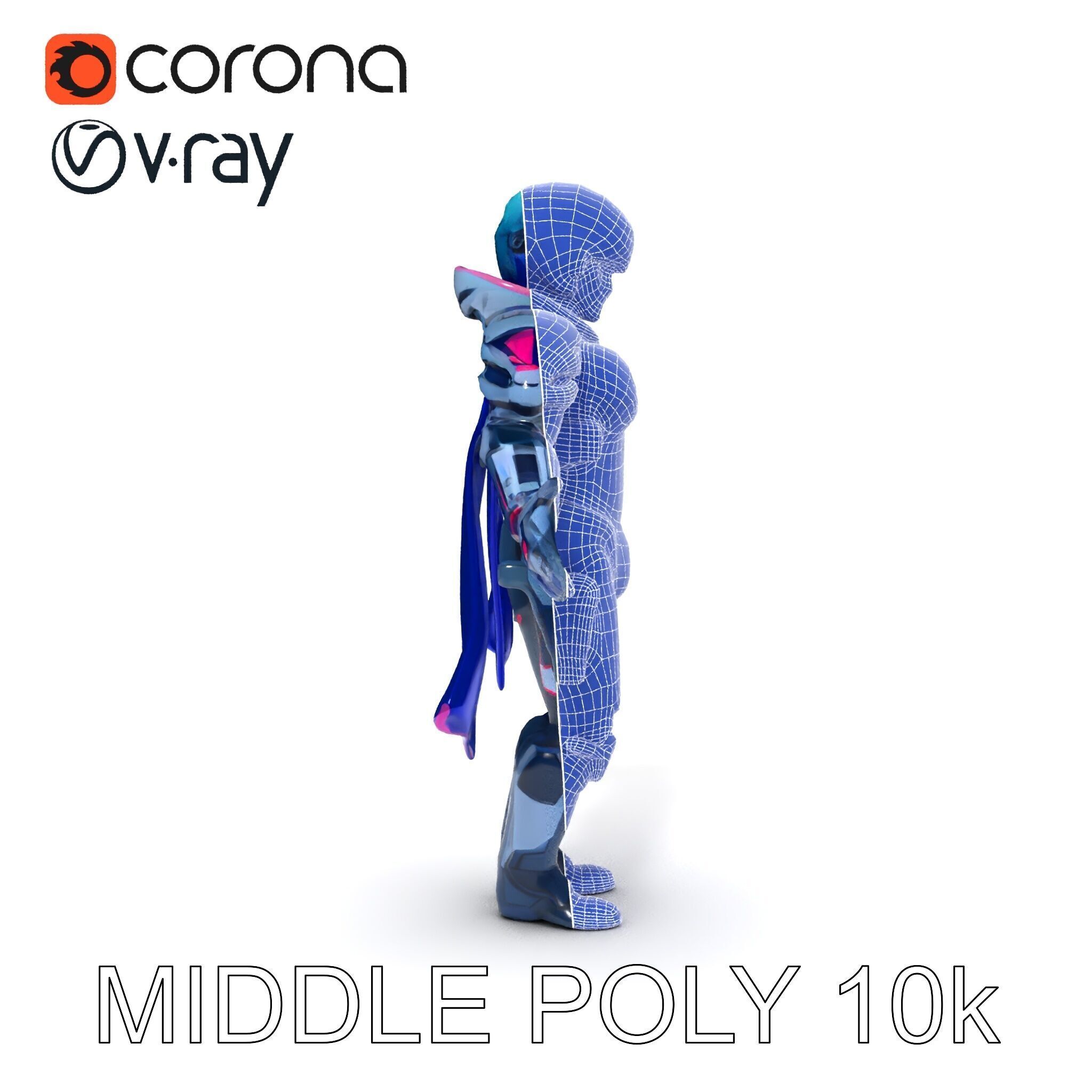 Cyber Knight Ultra HighTech Armor with Blue Cape and Visor Low-poly 3D model_28