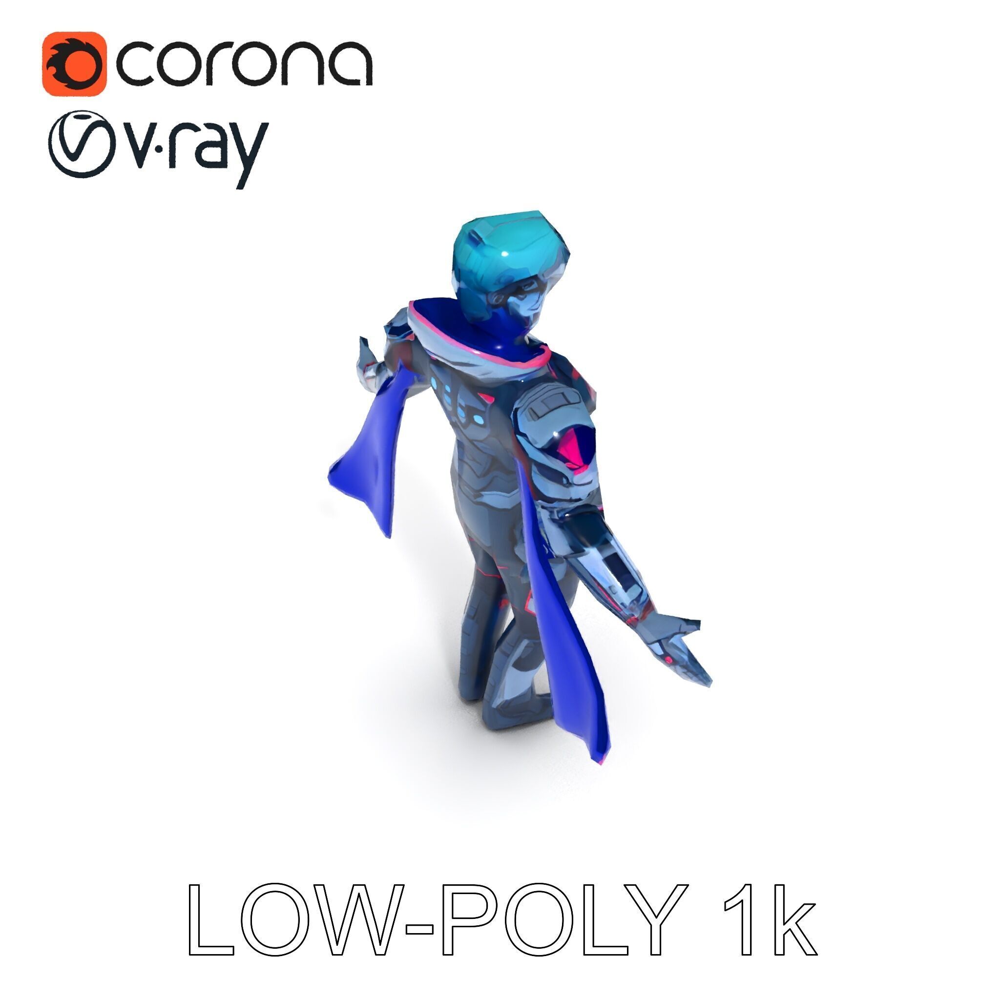 Cyber Knight Ultra HighTech Armor with Blue Cape and Visor Low-poly 3D model_32