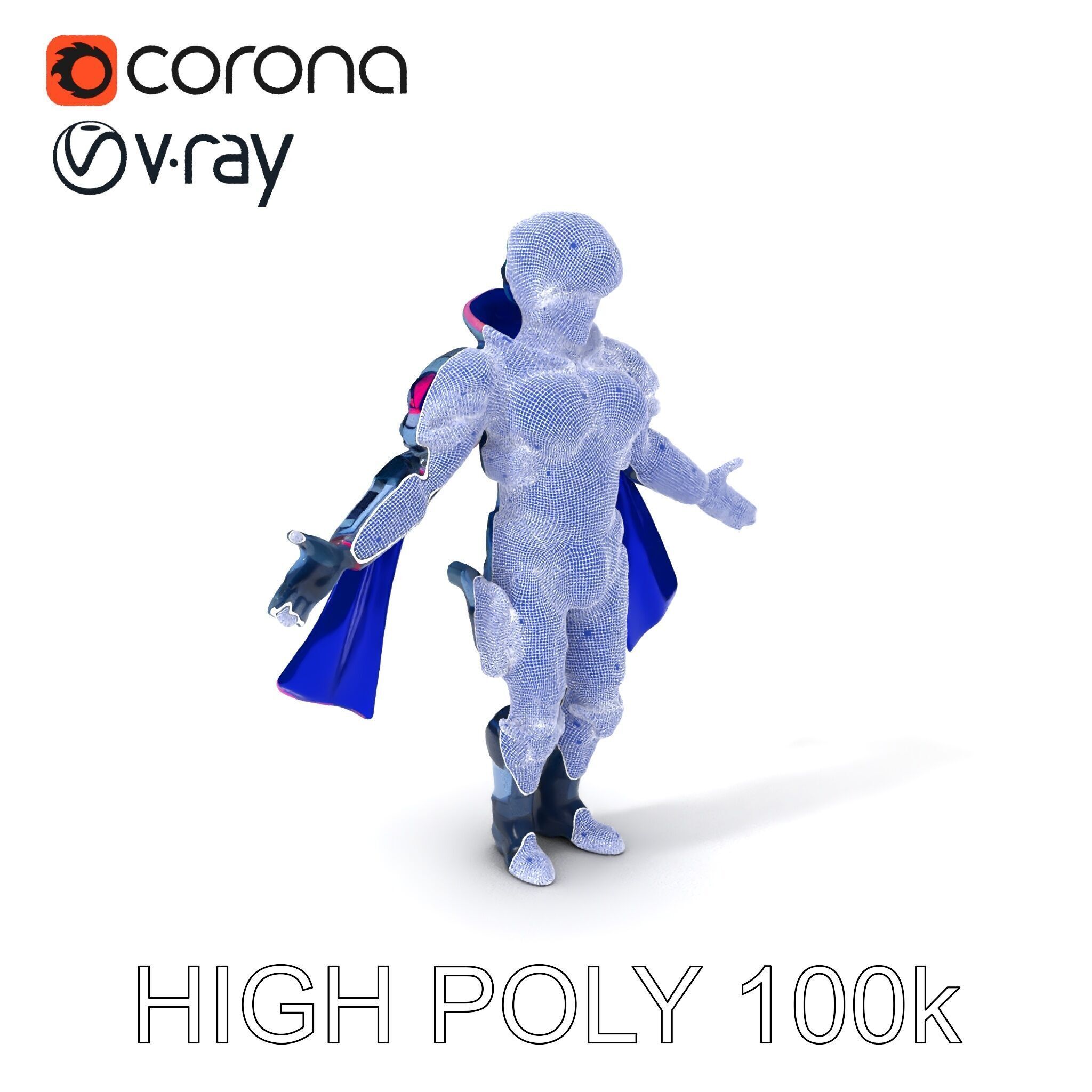 Cyber Knight Ultra HighTech Armor with Blue Cape and Visor Low-poly 3D model_3