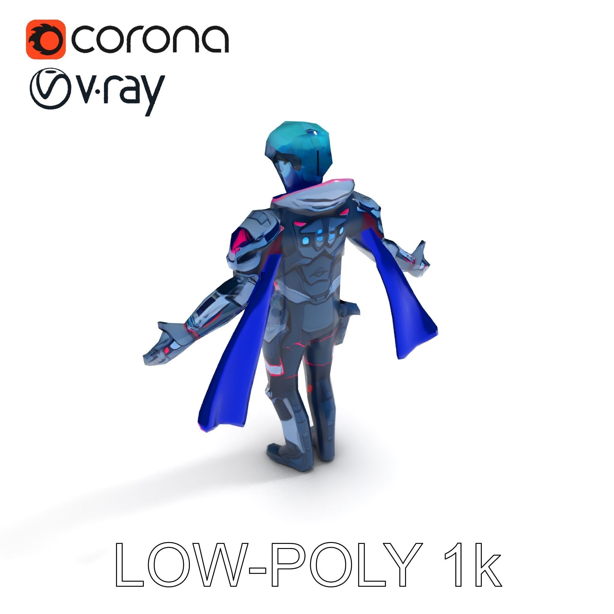 Cyber Knight Ultra HighTech Armor with Blue Cape and Visor Low-poly 3D model_15
