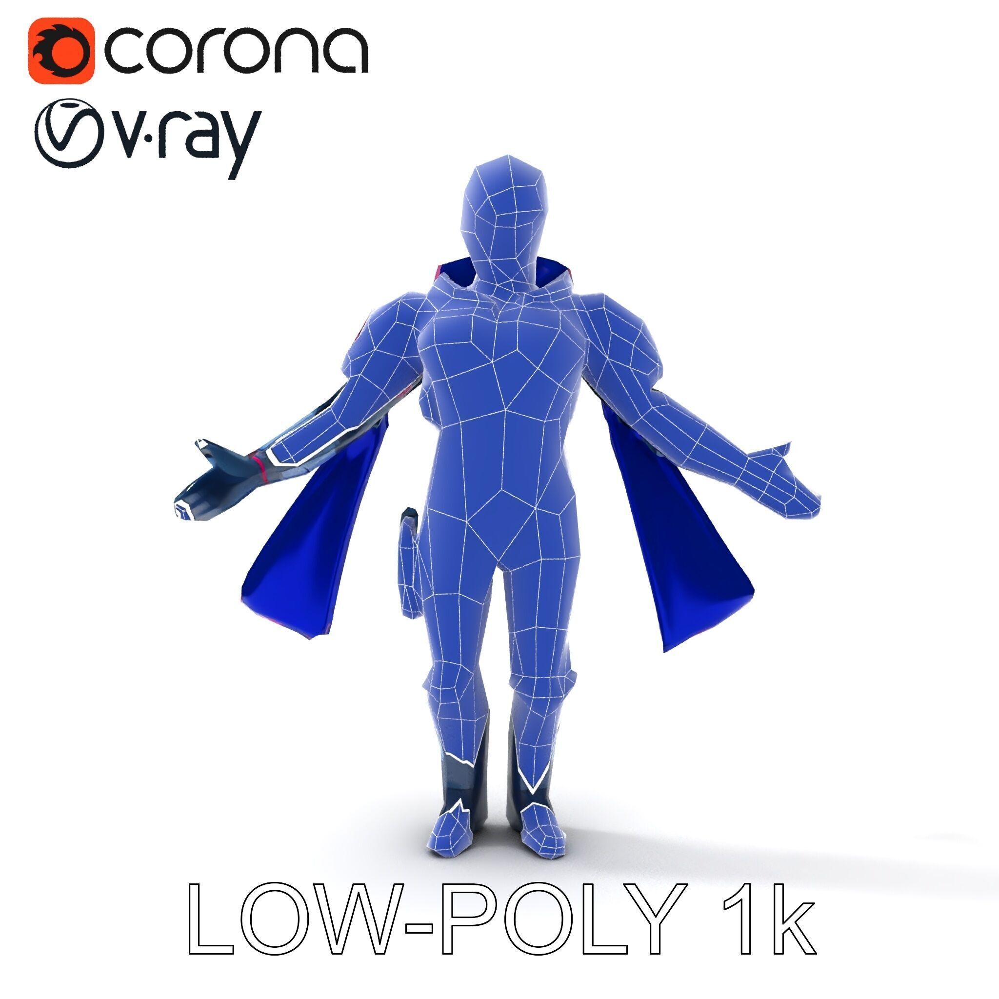 Cyber Knight Ultra HighTech Armor with Blue Cape and Visor Low-poly 3D model_7