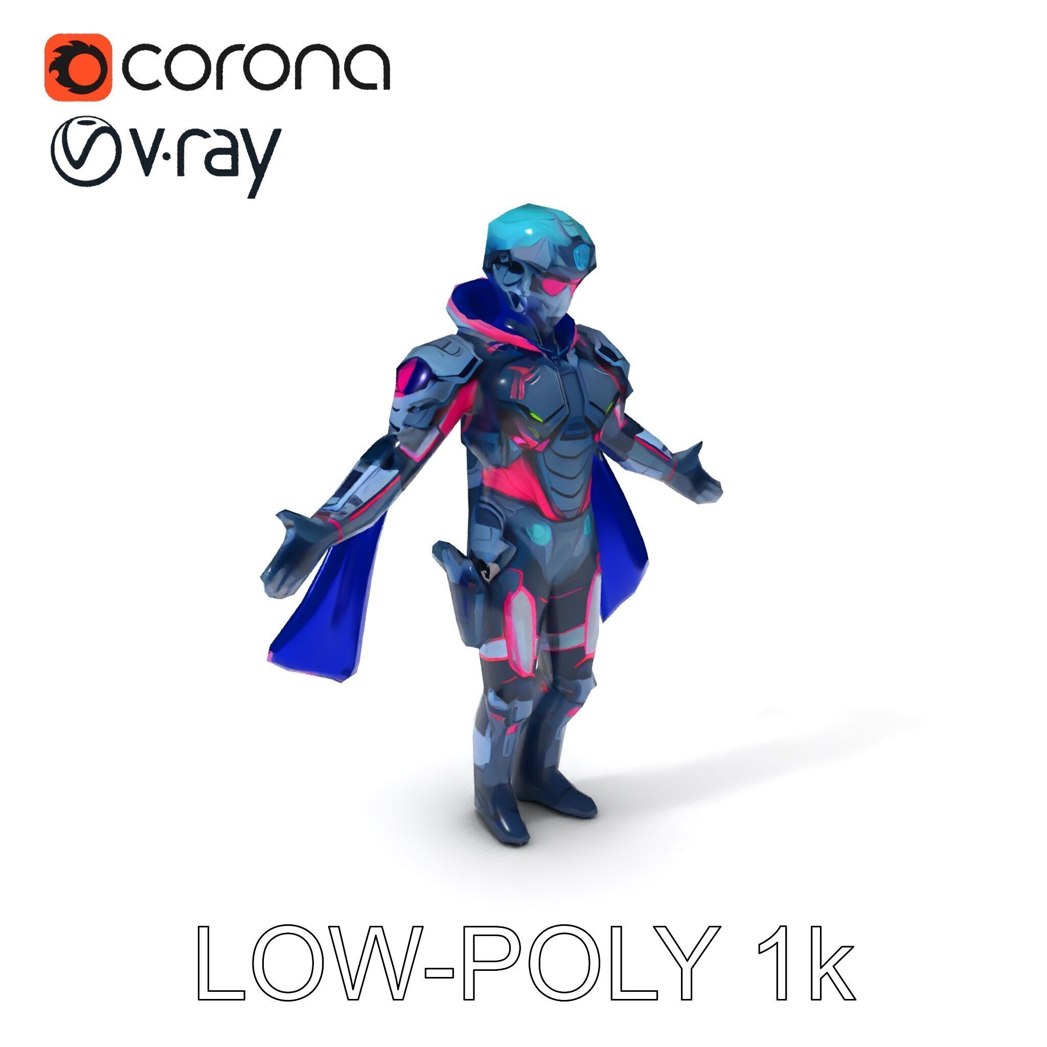 Cyber Knight Ultra HighTech Armor with Blue Cape and Visor Low-poly 3D model_21