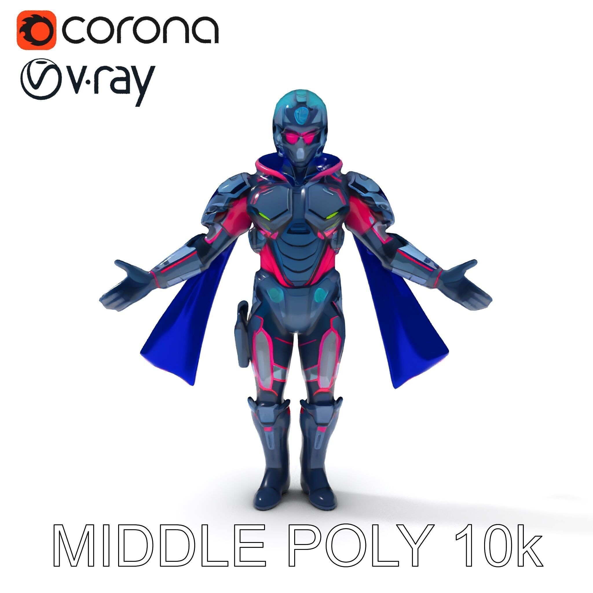 Cyber Knight Ultra HighTech Armor with Blue Cape and Visor Low-poly 3D model_14