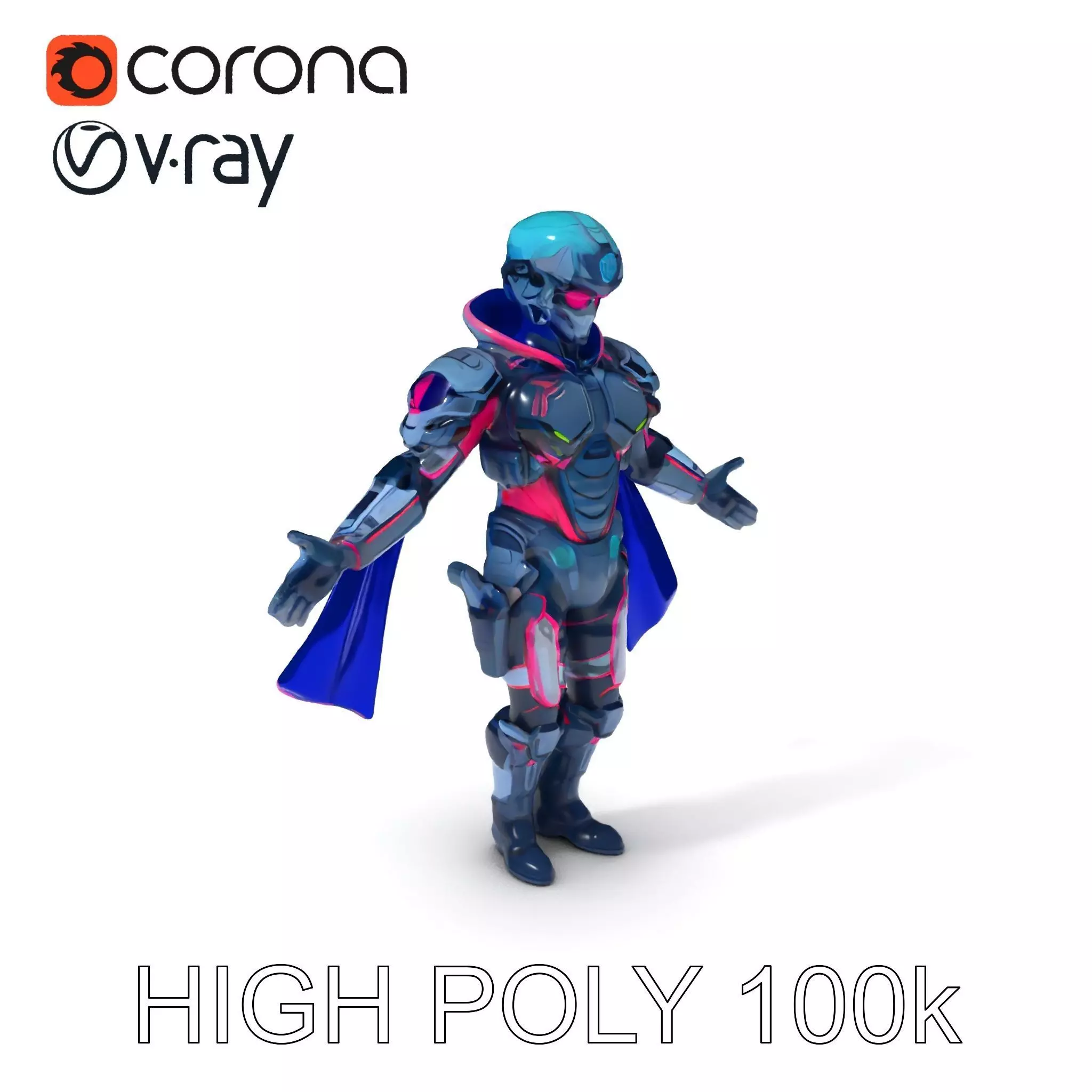Cyber Knight Ultra HighTech Armor with Blue Cape and Visor Low-poly 3D model_0