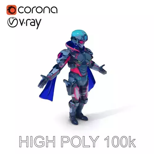 Cyber Knight Ultra HighTech Armor with Blue Cape and Visor Low-poly 3D model