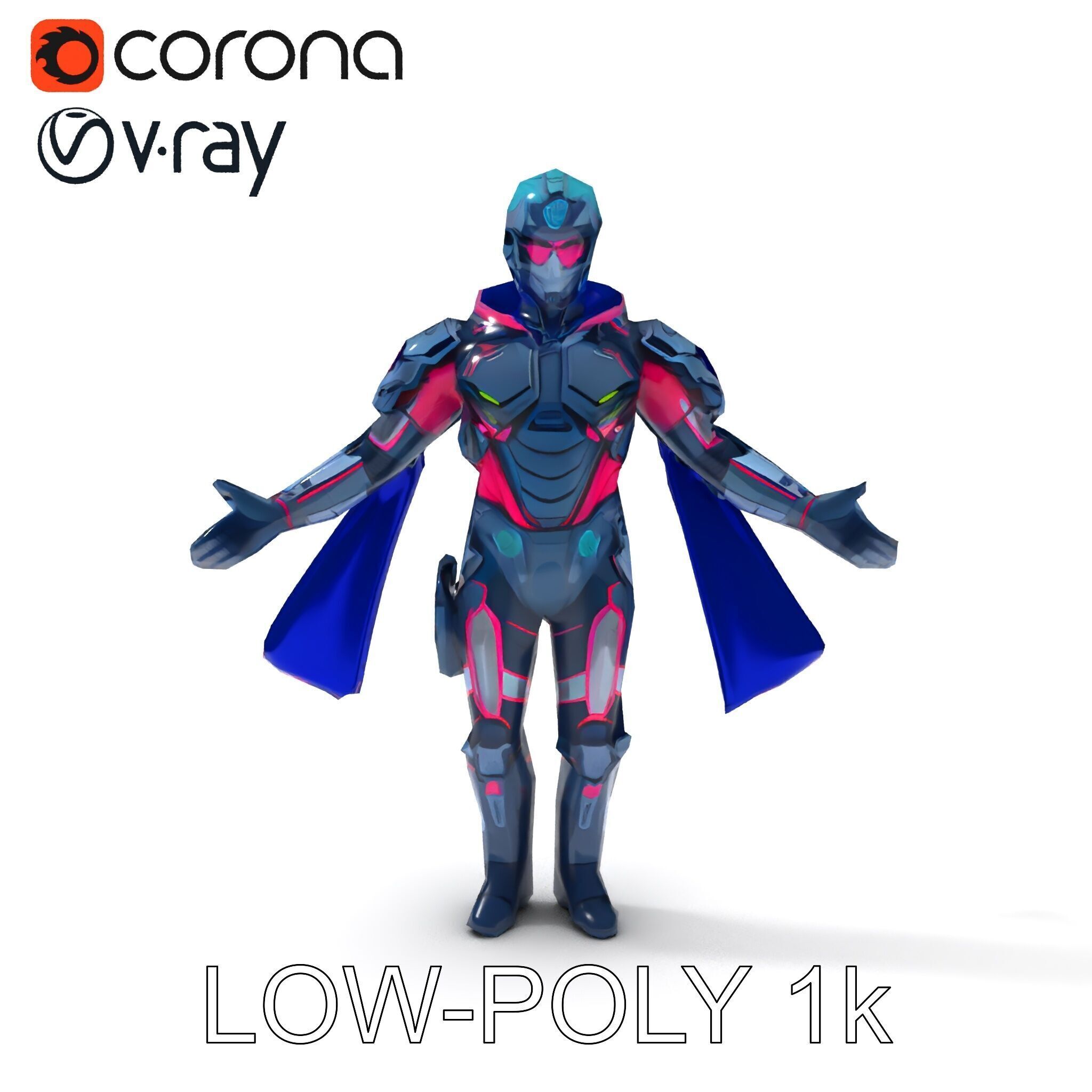 Cyber Knight Ultra HighTech Armor with Blue Cape and Visor Low-poly 3D model_12