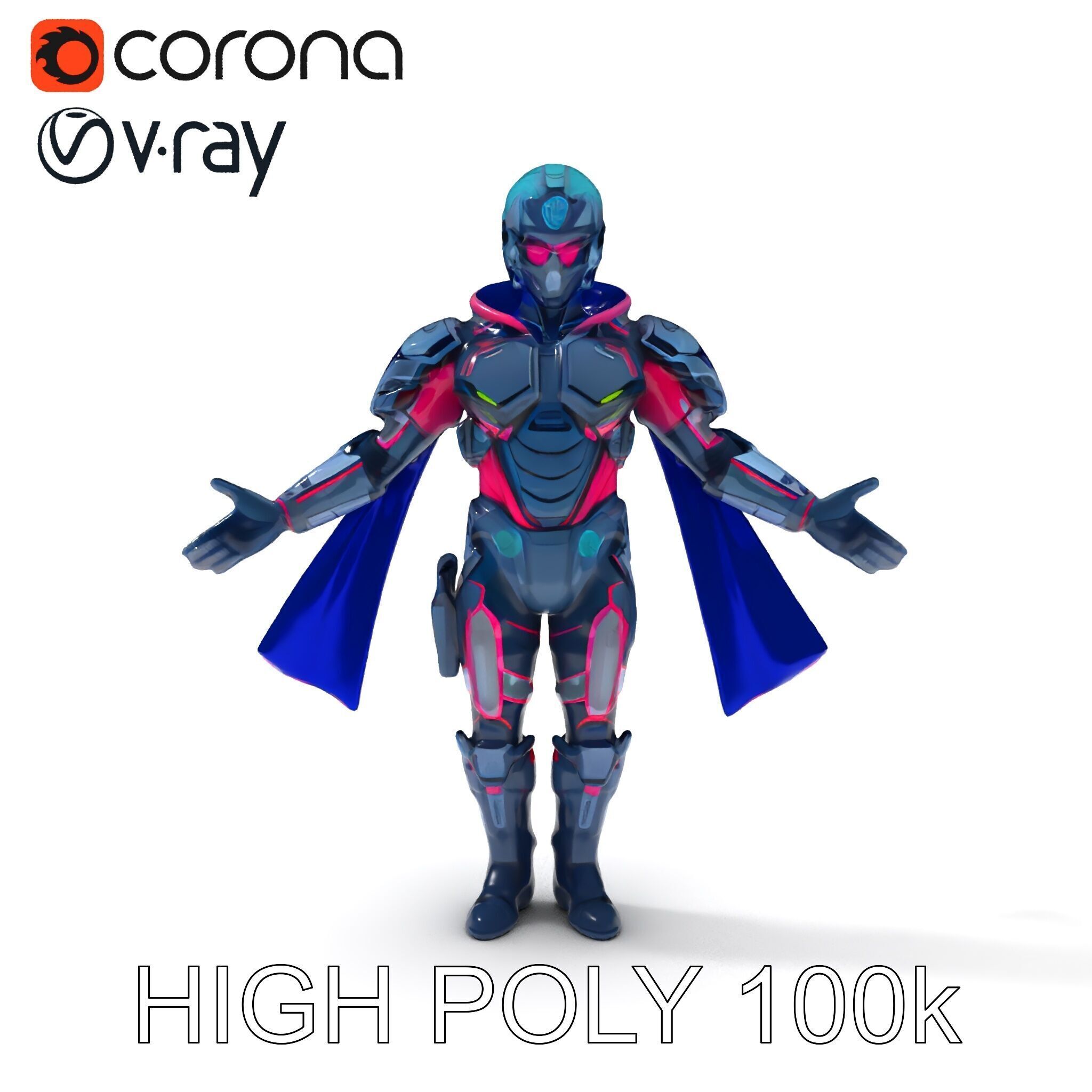 Cyber Knight Ultra HighTech Armor with Blue Cape and Visor Low-poly 3D model_16