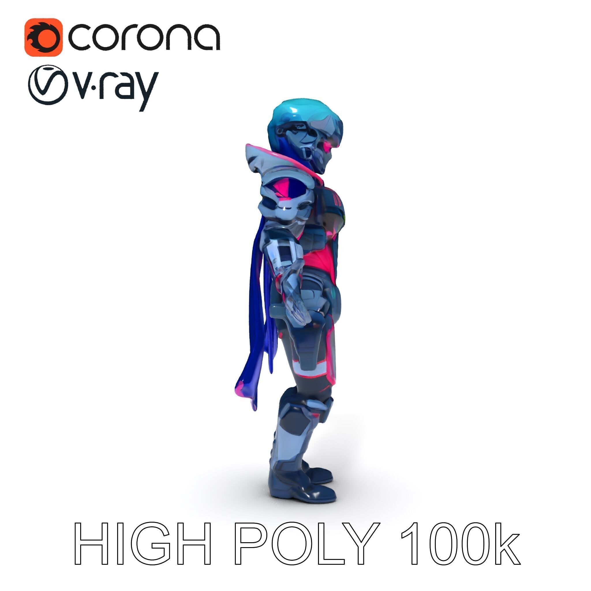 Cyber Knight Ultra HighTech Armor with Blue Cape and Visor Low-poly 3D model_19