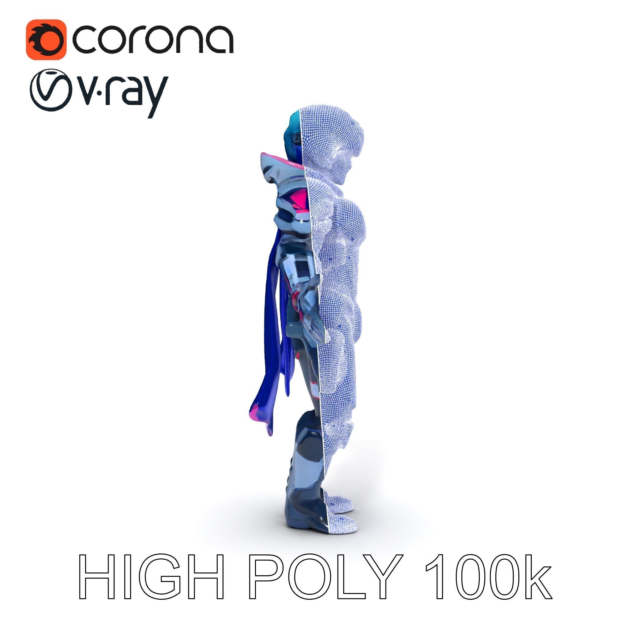 Cyber Knight Ultra HighTech Armor with Blue Cape and Visor Low-poly 3D model_22