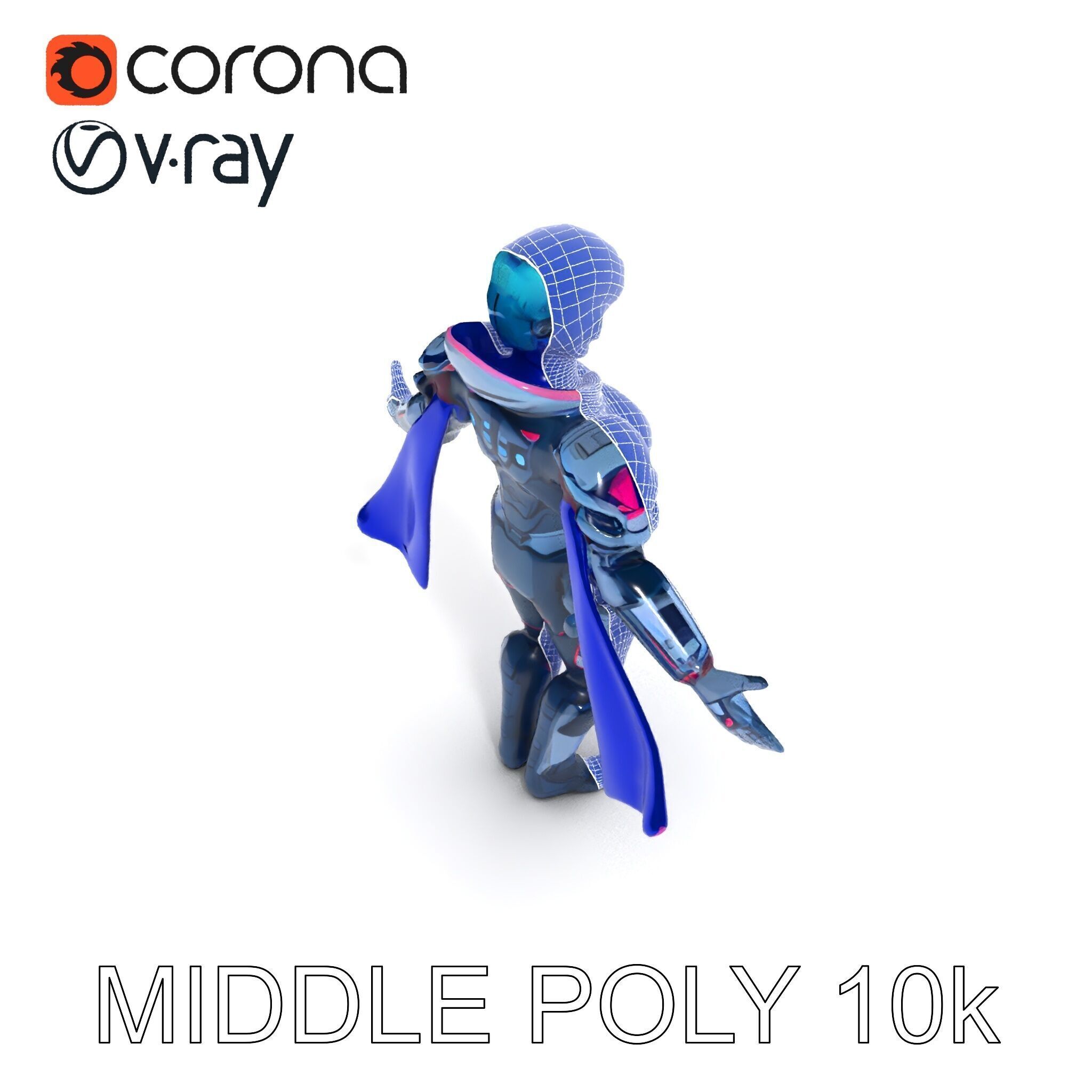 Cyber Knight Ultra HighTech Armor with Blue Cape and Visor Low-poly 3D model_11