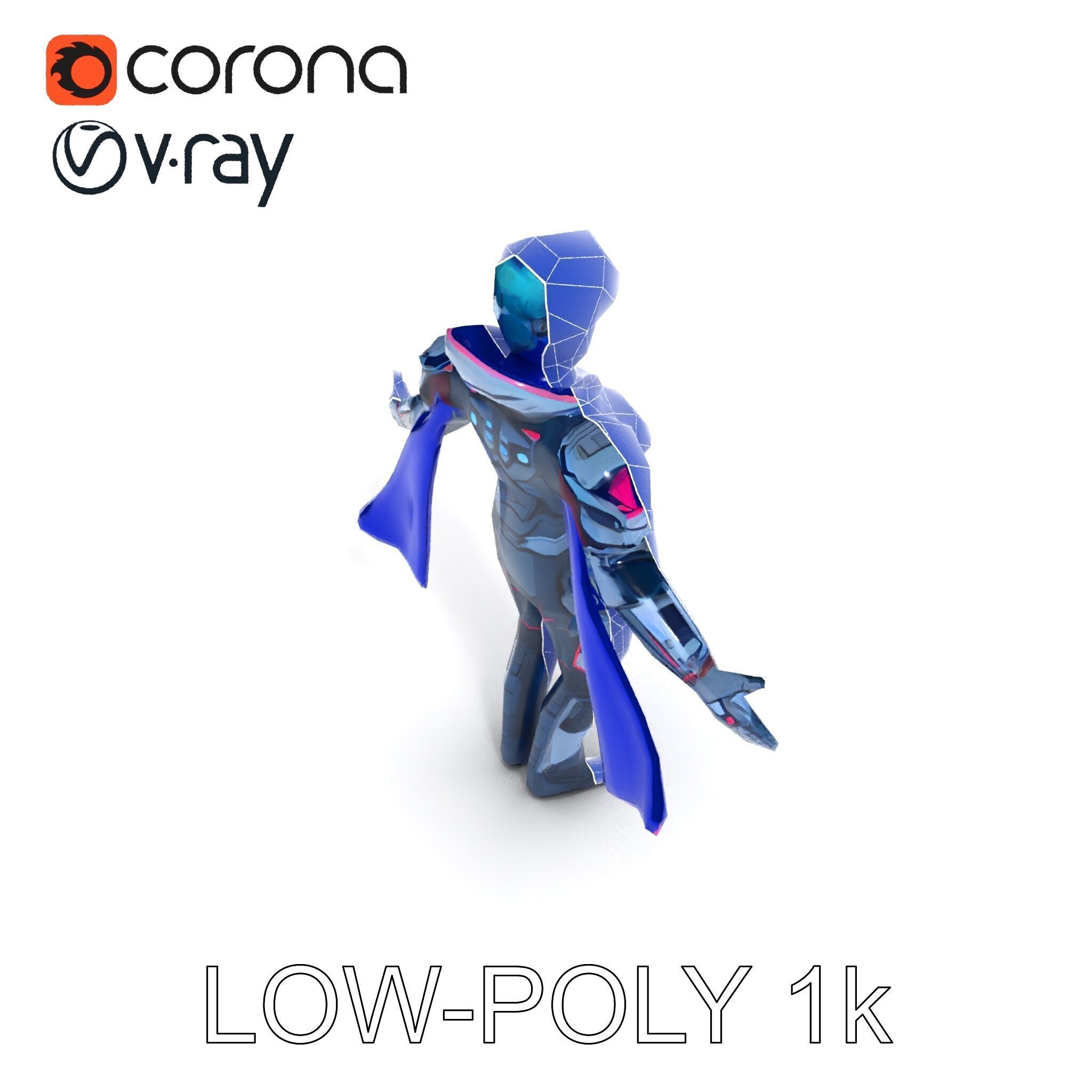 Cyber Knight Ultra HighTech Armor with Blue Cape and Visor Low-poly 3D model_18