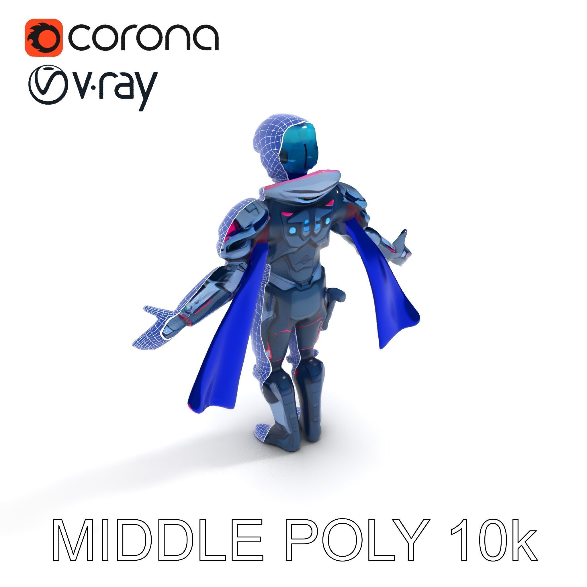 Cyber Knight Ultra HighTech Armor with Blue Cape and Visor Low-poly 3D model_33